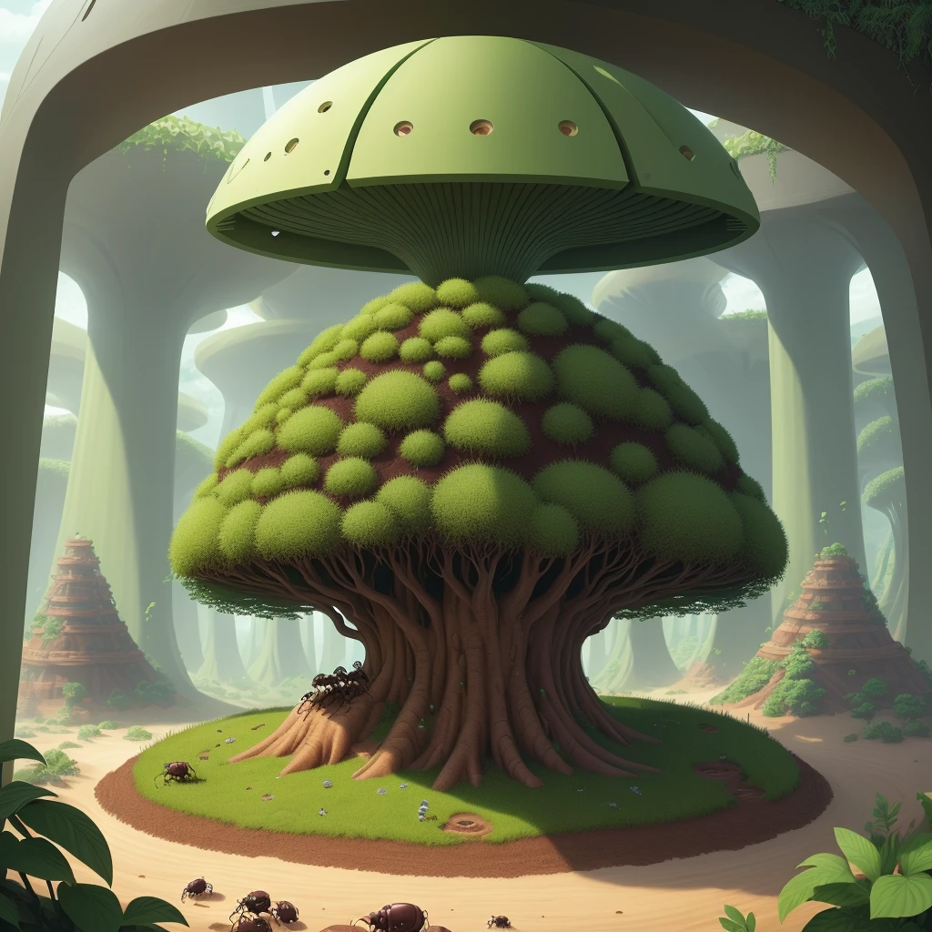 Anthill with a futuristic shield ah large scale surrounded by plants with ants carrying resources