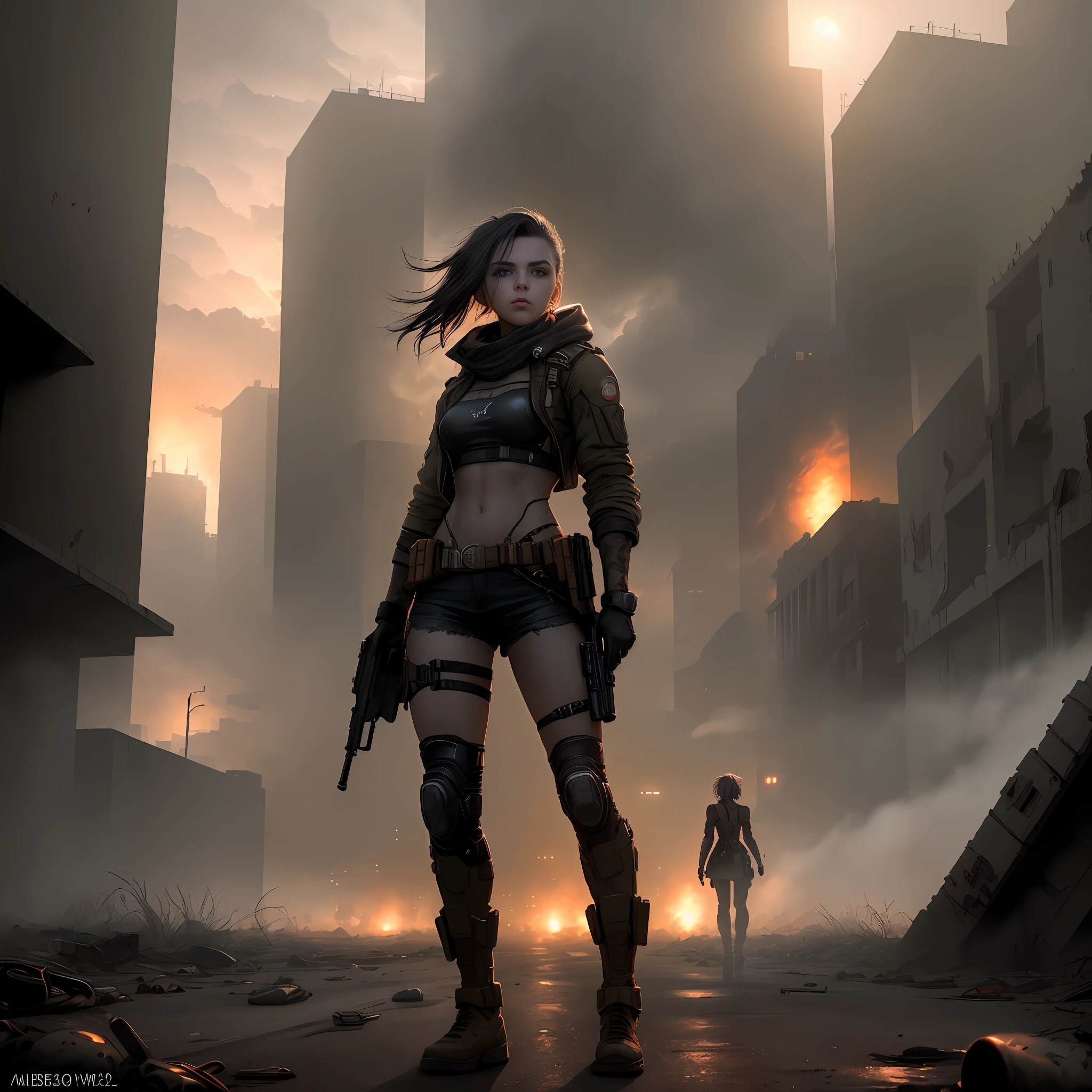 "The abandoned city (1.2) and wasteland (1.2) serve as the backdrop for the cyberpunk girl, who is holding a powerful gun (1.3). The scene is vibrant and dynamic, with smoke and hot, turbulent wind creating a sense of chaos. The sunset sky sets the stage for an intense battle between the girl and her enemies, who are solider-like in their appearance. The ambiance is scary and dark, with blood and the street view adding to the gritty, dystopian feel. The perspective of the shot makes you feel like you're right in the middle of the action."