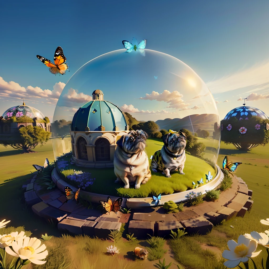 One big pug, three small pugs are sitting next to it, on the grass, next to an anthill, around them a transparent dome, a butterfly is sitting on the dome, cute, 3d, fantasy