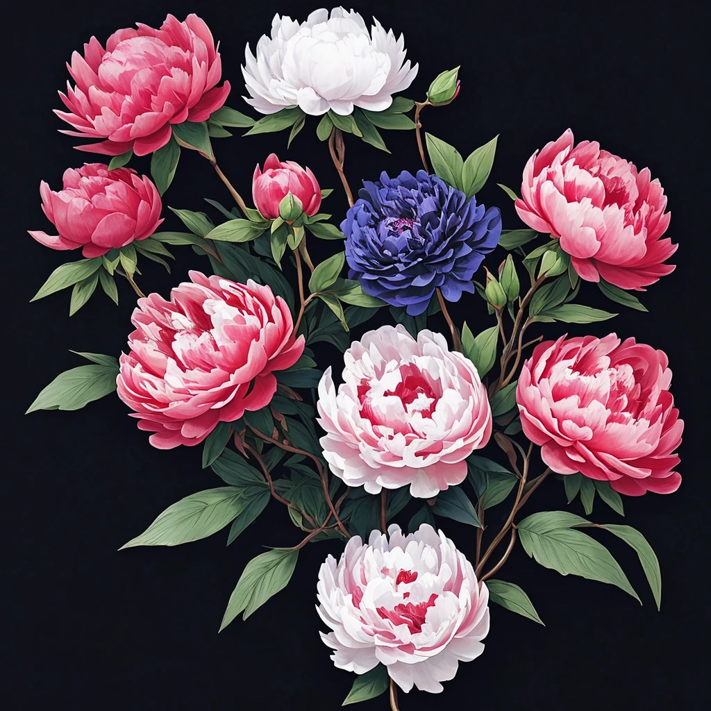 peonies on black background with colorful flowers, in the style of dark magenta and dark blue, dark teal and light red, sophie anderson, dark white and light magenta, dimitra milan, lush detailing, use of bright colors --ar 9:16 --v 5.1 --s 750