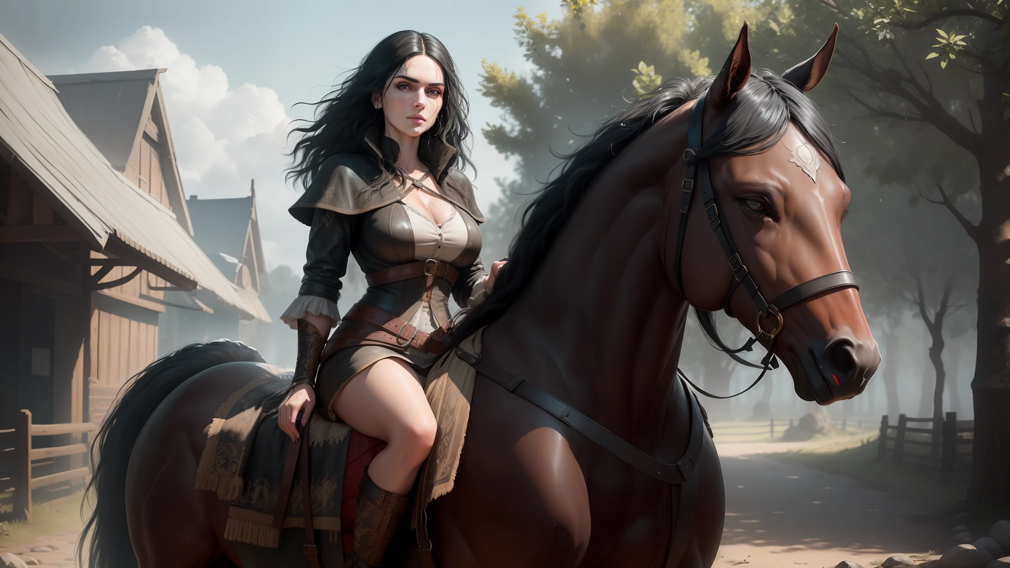 RAW, analog style, ultra detailed photograph, full body portrait of ((wet)), stunningly beautiful, black hair, ( Yennefer from The Witcher 3 ), dynamic posing, (detailed face), vibrant eyes , She walks away from her horse, at [ Orchard ] , ( very detailed background, detailed face ) , ornate , ((high detailed skin, realistic skin details)), (visible pores : 0.3) , sharp focus, volumetric fog, 8k uhd, dslr, high quality, fair skin, photorealism, studio lighting