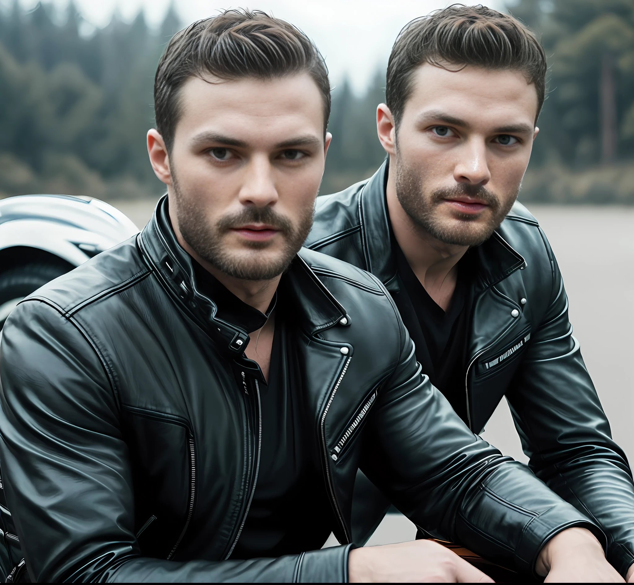 (Man riding a motorcycle), show bike, Wearing leather jacket, wearing glasses (Beard and attractive) movie scene, (Impeccable), tanned and healed body, Serious and elegant man, Actor Jamie Dornan, with thick male eyebrows, secret agent 007 man style, (with mysterious and serious face,) short dark hair, elegant and elegant, body fit and strong fit in suit, Man similar to actor Jamie Dornan, ( high quality and realistic image), ((Best Quality, 8k, Masterpiece).