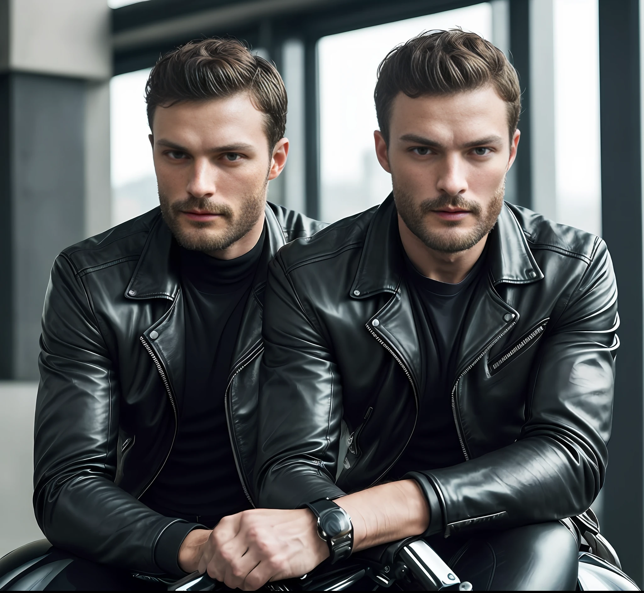 (Man riding a motorcycle), show bike, Wearing leather jacket, wearing glasses (Beard and attractive) movie scene, (Impeccable), tanned and healed body, Serious and elegant man, Actor Jamie Dornan, with thick male eyebrows, secret agent 007 man style, (with mysterious and serious face,) short dark hair, elegant and elegant, body fit and strong fit in suit,   Man similar to actor Jamie Dornan, ( high quality and realistic image), ((Best Quality, 8k, Masterpiece).