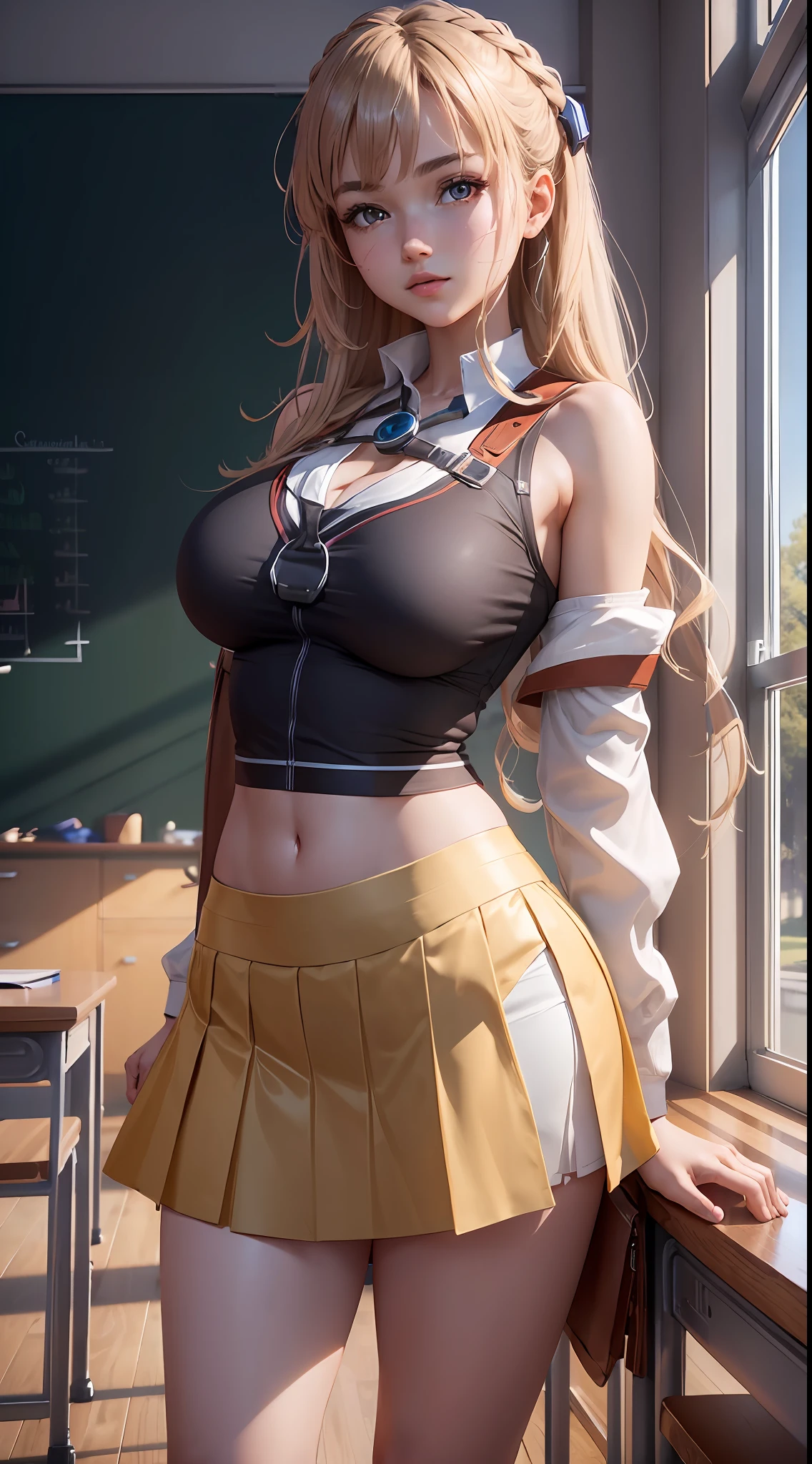 (CG Unity 8k wallpaper extremely detailed, masterpiece, best quality, high detail, ultra-realistic), (best lighting, beautiful young girl in mini skirt, in classroom, large breasts