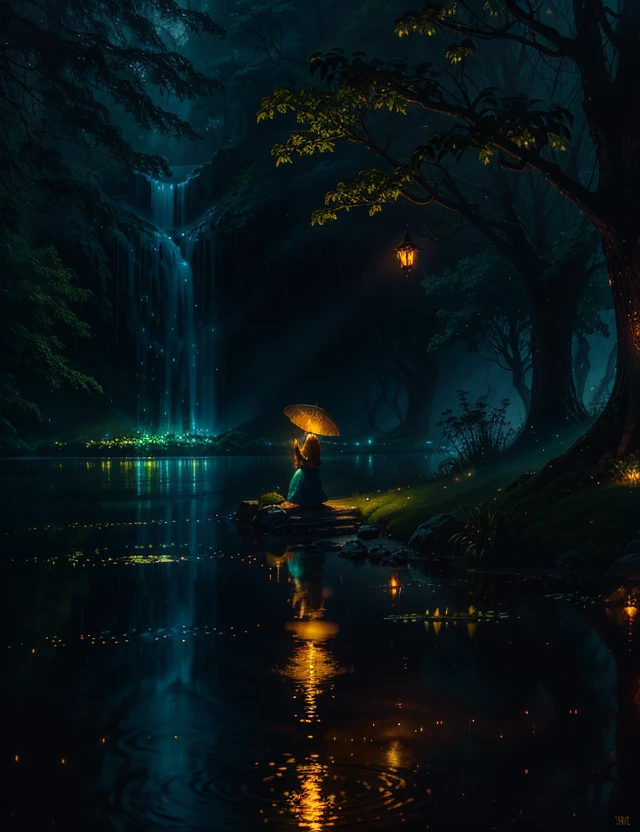 A girl stands by the lake, immersed in a gentle rain shower. The shimmering droplets cascade around her, reflecting the soft glow of fireflies that dance in the night. Their luminous presence creates a magical ambiance, illuminating the surroundings with a delicate radiance. The raindrops create ripples on the surface of the lake, adding to the ethereal atmosphere. The illustration style draws inspiration from the enchanting works of Thomas Kinkade, known for his picturesque landscapes and captivating use of light. The color palette combines cool blues and greens with warm golden tones, capturing the mystical beauty of the moment. The camera angle captures the girl in a contemplative pose, capturing her connection with nature and the enchantment of the scene.