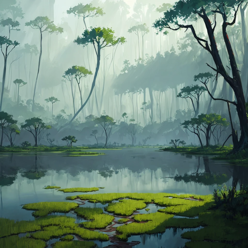 a painting of a swamp with trees and water, concept art by James Gilleard, cgsociety, plein air, concept art, 2d game art, rich color palette
