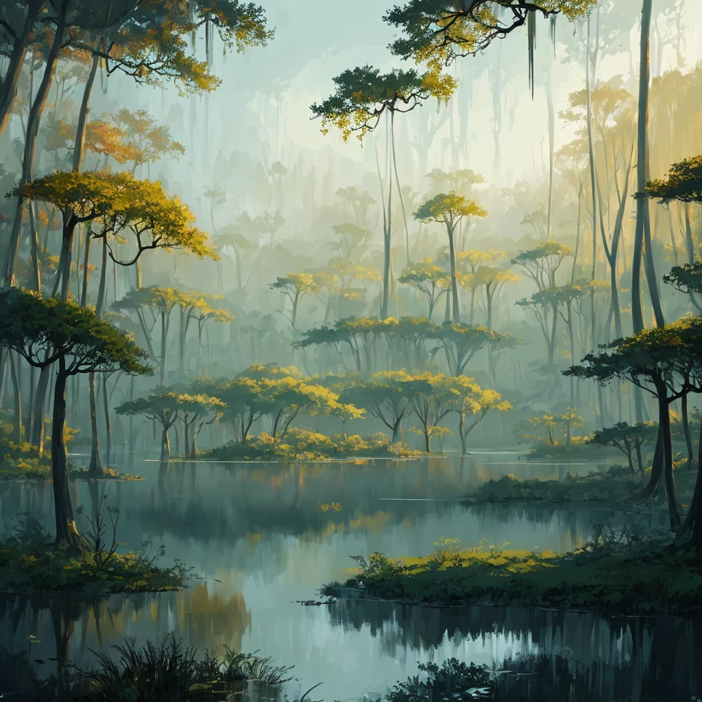 a painting of a swamp with trees and water, concept art by James Gilleard, cgsociety, plein air, concept art, 2d game art, rich color palette