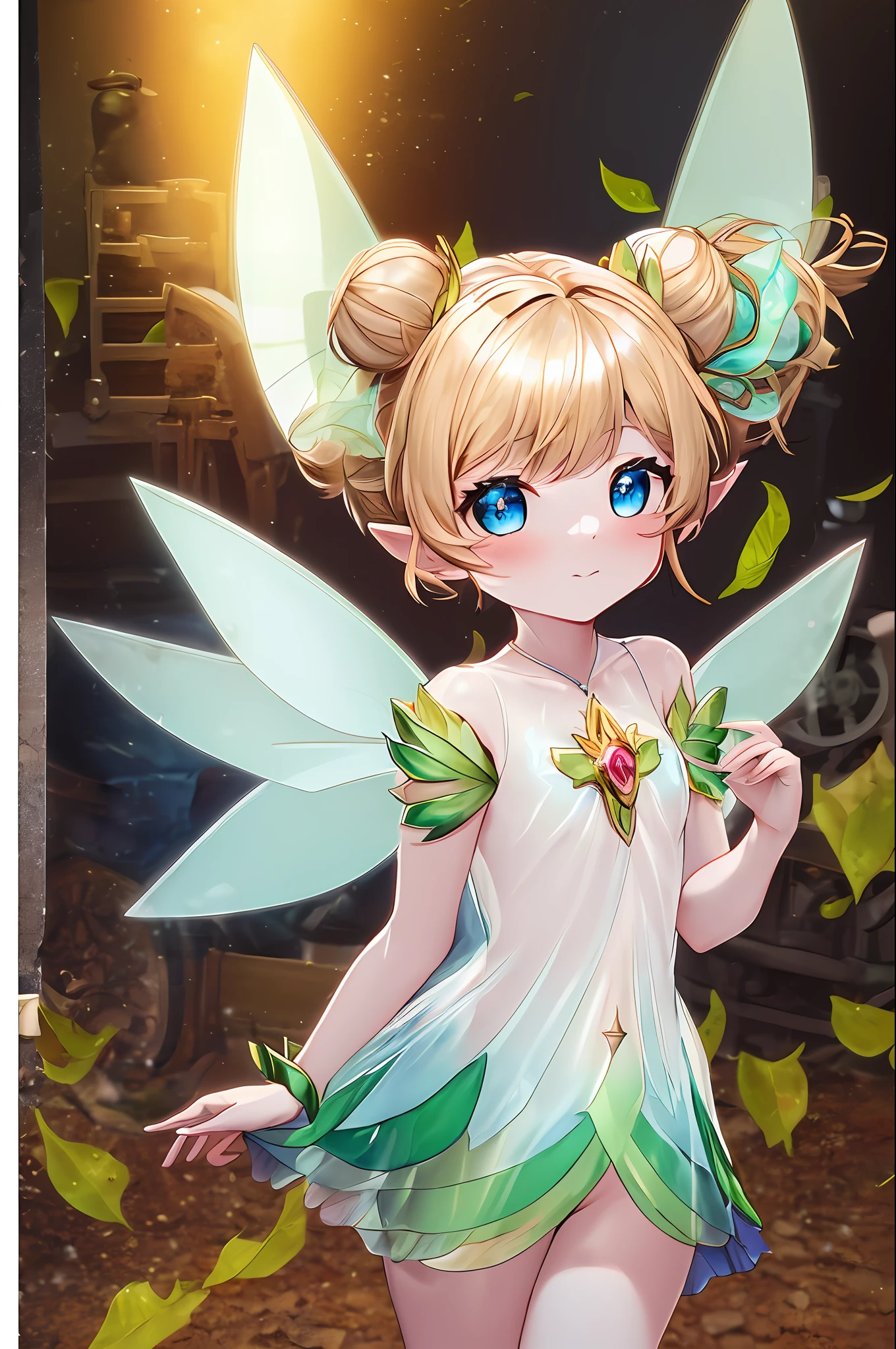 masterpiece, 8k, perfect ligthing, , female, looking at viewer, cinematic lighting, cowboy shot, TinkerBell, (TinkerBellWaifu:1.1), single hair bun, (dress), (green clothe), (transparent fairy wings:1.6), (green clothe), ((clothes made from leaves)), pointy ears, blue eyes, blush, shrunken, inside clock, mechanical clock, gears in the background, (tinkering:1.5), pixiedust,