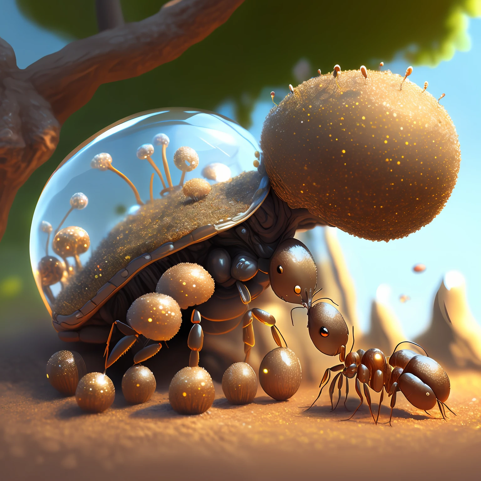 anthill, Big scale, hight details, clear bubble on the anthill, Ambient reflective lights, high detail-imagine, drawn texture, High colors, ants walking, giant tree in the background, drawing style, hd