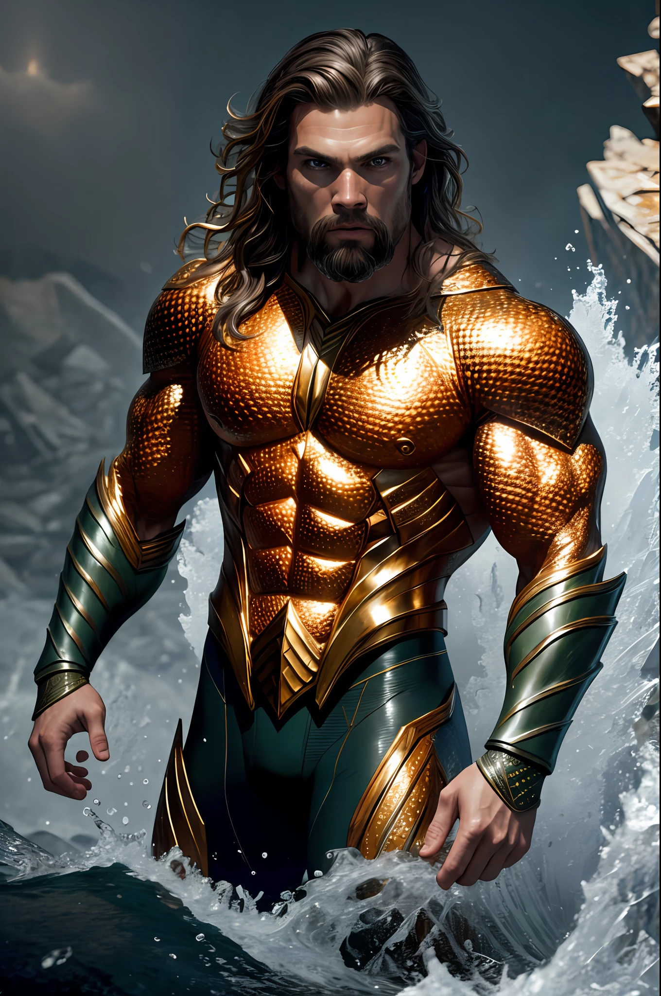 (8k, RAW photo, best quality, masterpiece: 1.2), ultra-detailed, formal art, photorealism: 1.37, upper body shot, DC Aquaman, film grain, action pose