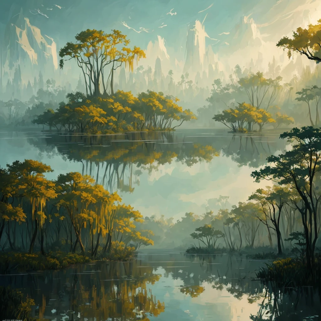 a painting of a swamp with trees and water, concept art by James Gilleard, cgsociety, plein air, concept art, 2d game art, rich color palette
