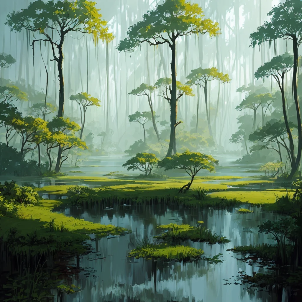 a painting of a swamp with trees and water, concept art by James Gilleard, cgsociety, plein air, concept art, 2d game art, rich color palette