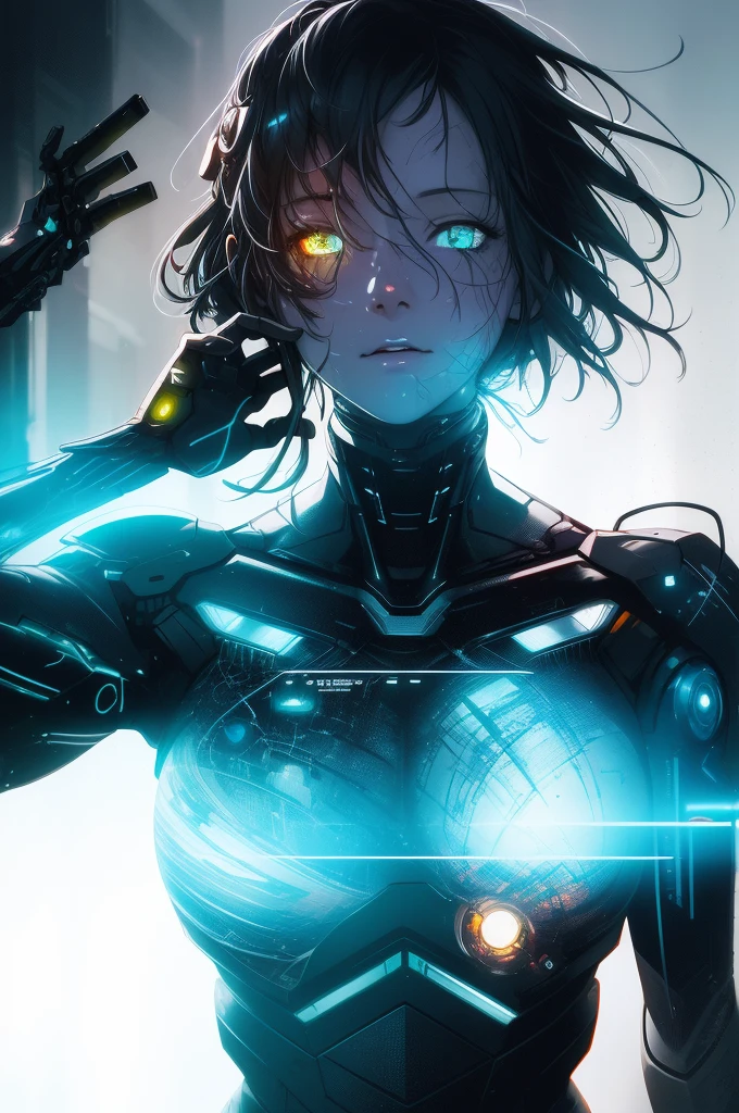 a cyborg robot, lights, scars, refractions, posing, ultradetailed, HD, 8K, highlights, good lighting, the most amazing effect, sci-fi,((art by carne griffiths and sean yoro))