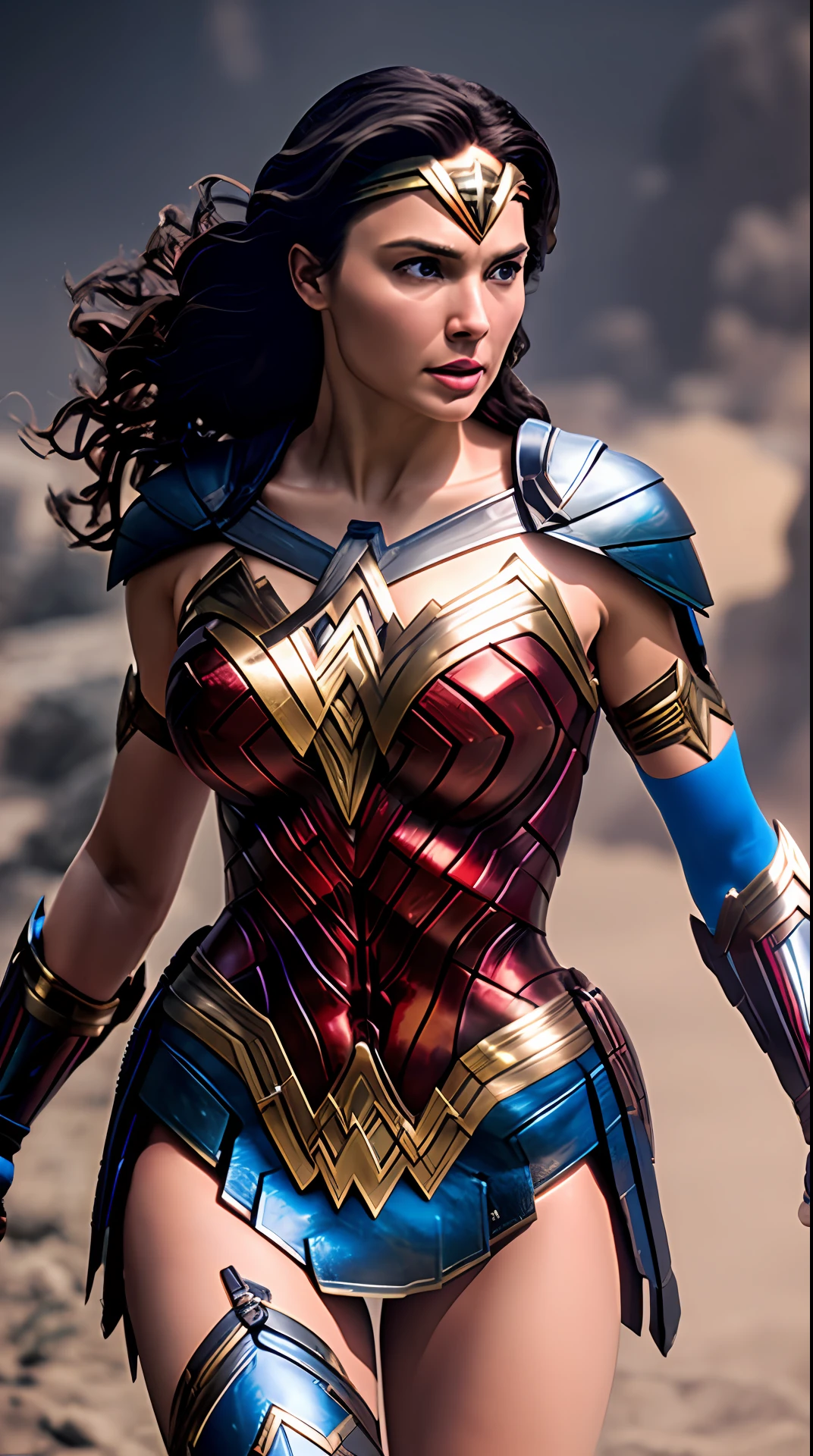 wonder woman, red and blue armor, photography, soft lighting, soft details, octane, artstation trending, ultra high detail, ultra realistic, cinematic,16k