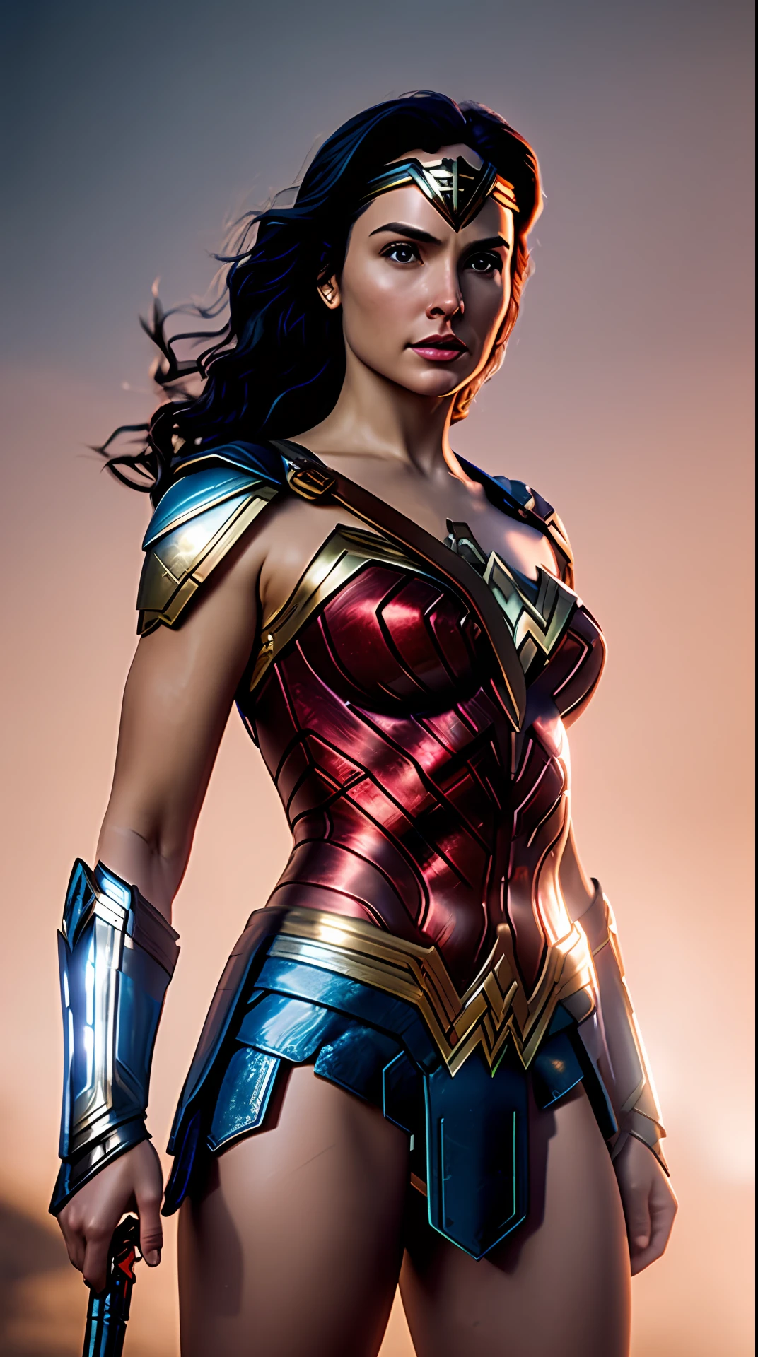 wonder woman, red and blue armor, photography, soft lighting, soft details, octane, artstation trending, ultra high detail, ultra realistic, cinematic,16k