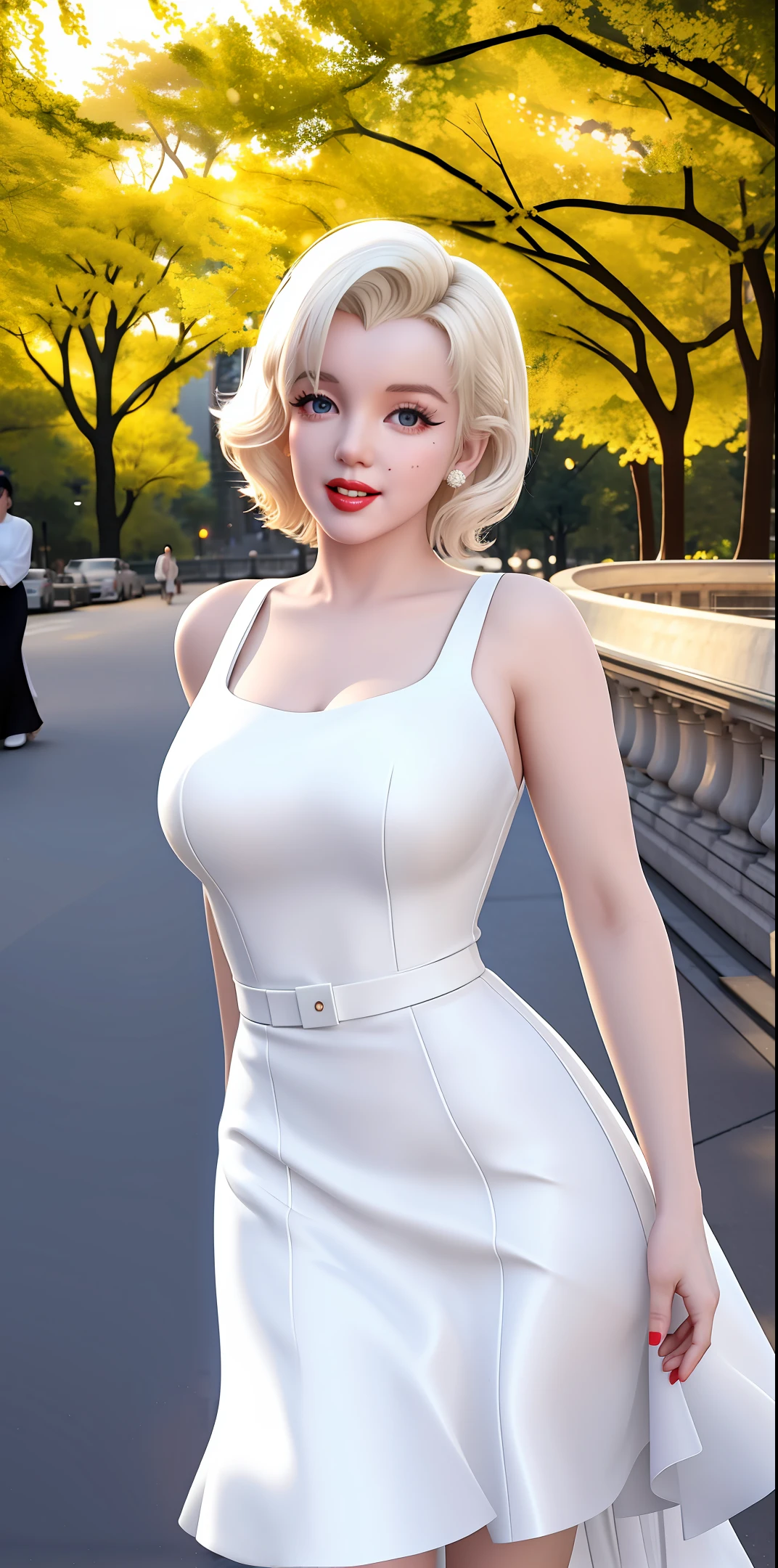 Marilyn Monroe, in white dress, walking in New York City, at dawn, in Central Park, white and black background, sunny dawn, solitude, hyper realistic, high quality, 8k definition, cinema footage.