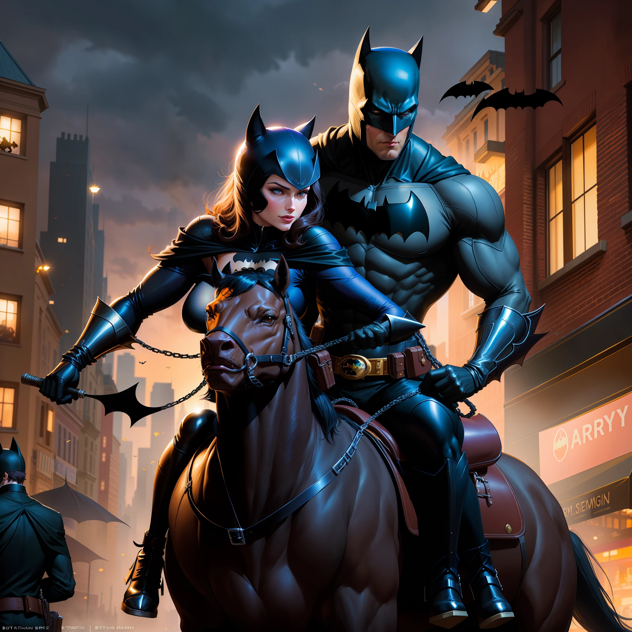 batman and catwoman riding on a horse in a city, by Brian Thomas, artgerm and atey ghailan, artgerm and ben lo, artgerm and grek rutkowski, artgerm and greg rutkowski, artgerm and j. dickenson, by Mark Brooks, artgerm greg rutkowski _ greg