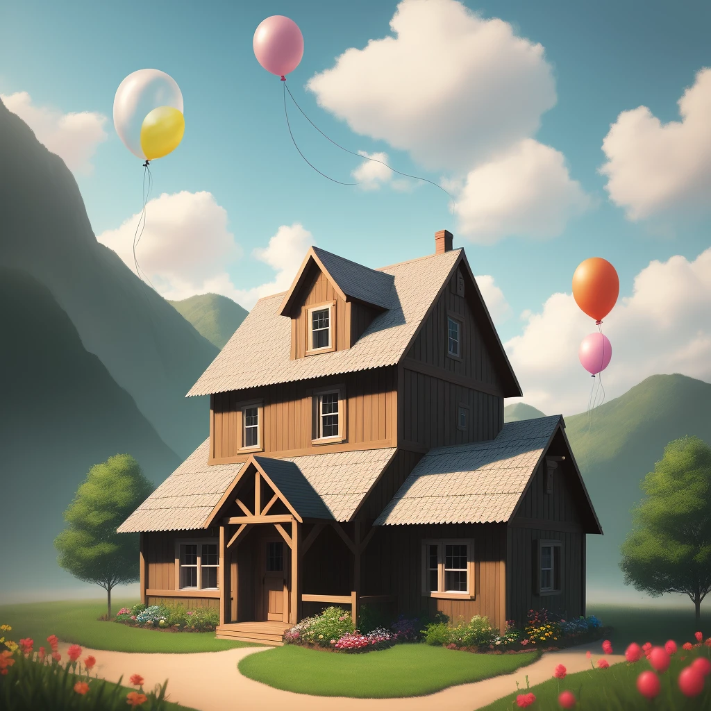 Little house with a bunch of balloons