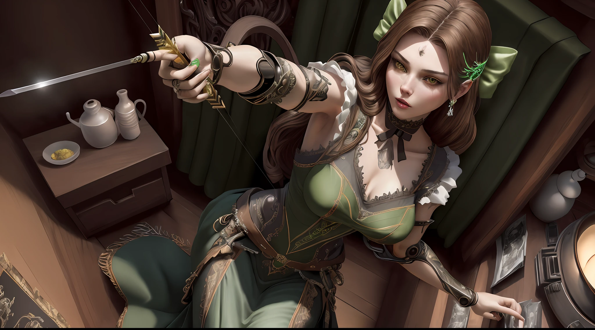 ultra-detailed accessory of beautiful elegant archer woman in old house, (low brown hair: 1.3), (arms set: 1.1), dress (green color jeans vest: 1.3) and long skirts, tattoo (cyberpunk bow and arrow: 1.1) ), two arrows in your hands, 150mm, beautiful soft studio light, rim light, bright details, luxury cyberpunk, hyper-realistic, anatomical, facial muscles, elegant,  beautiful background, octane rendering, HR Giger style, 8k, best quality, masterpiece, illustration, extremely delicate and beautiful, extremely detailed, CG, unit, wallpaper, (realistic, photorealistic: 1.37), amazing, fine details, masterpiece, best quality, official art, extremely detailed 8k unit wallpaper CG, absurd, incredibly absurd, robot, full body, (high angle: 1.3)