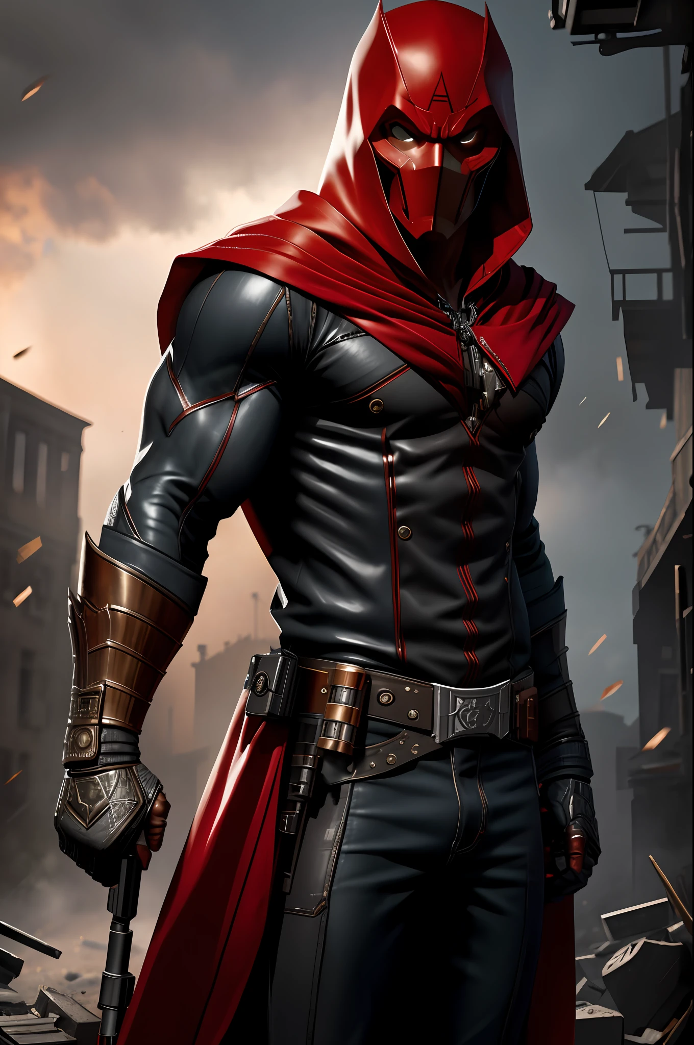 (8k, RAW photo, best quality, masterpiece:1.2), ultra detailed, official art, photo-realistic:1.37, upper body shot, DC Red Hood, film grain, action pose