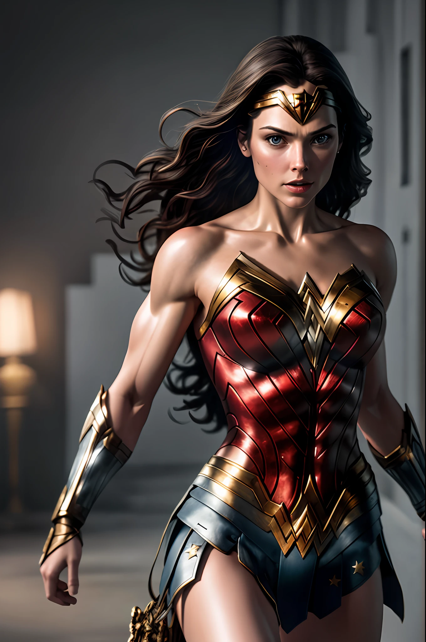(8k, RAW photo, best quality, masterpiece:1.2), ultra detailed, official art, photo-realistic:1.37, upper body shot, DC Wonder Woman, film grain, action pose
