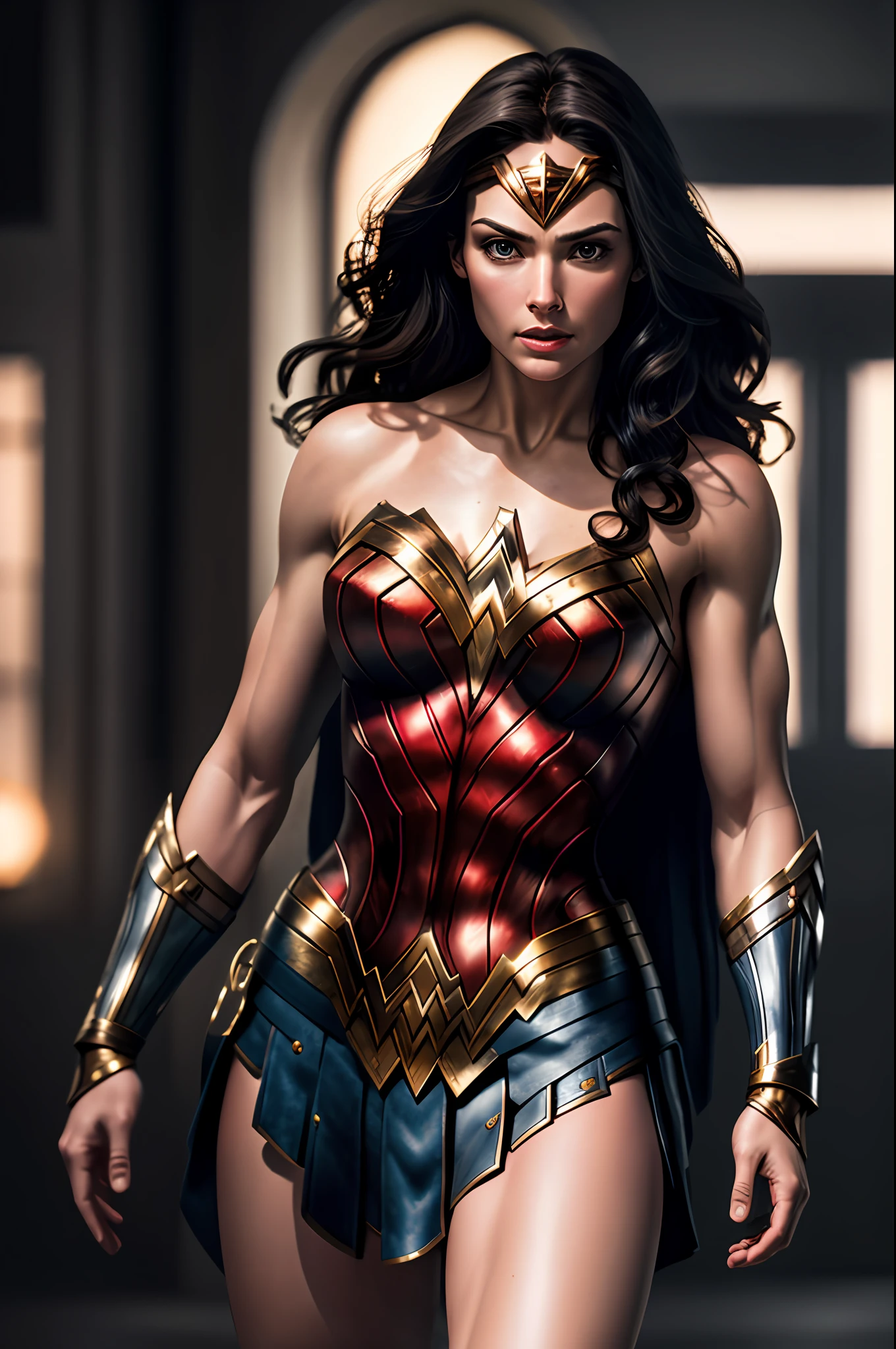 (8k, RAW photo, best quality, masterpiece:1.2), ultra detailed, official art, photo-realistic:1.37, upper body shot, DC Wonder Woman, film grain, action pose