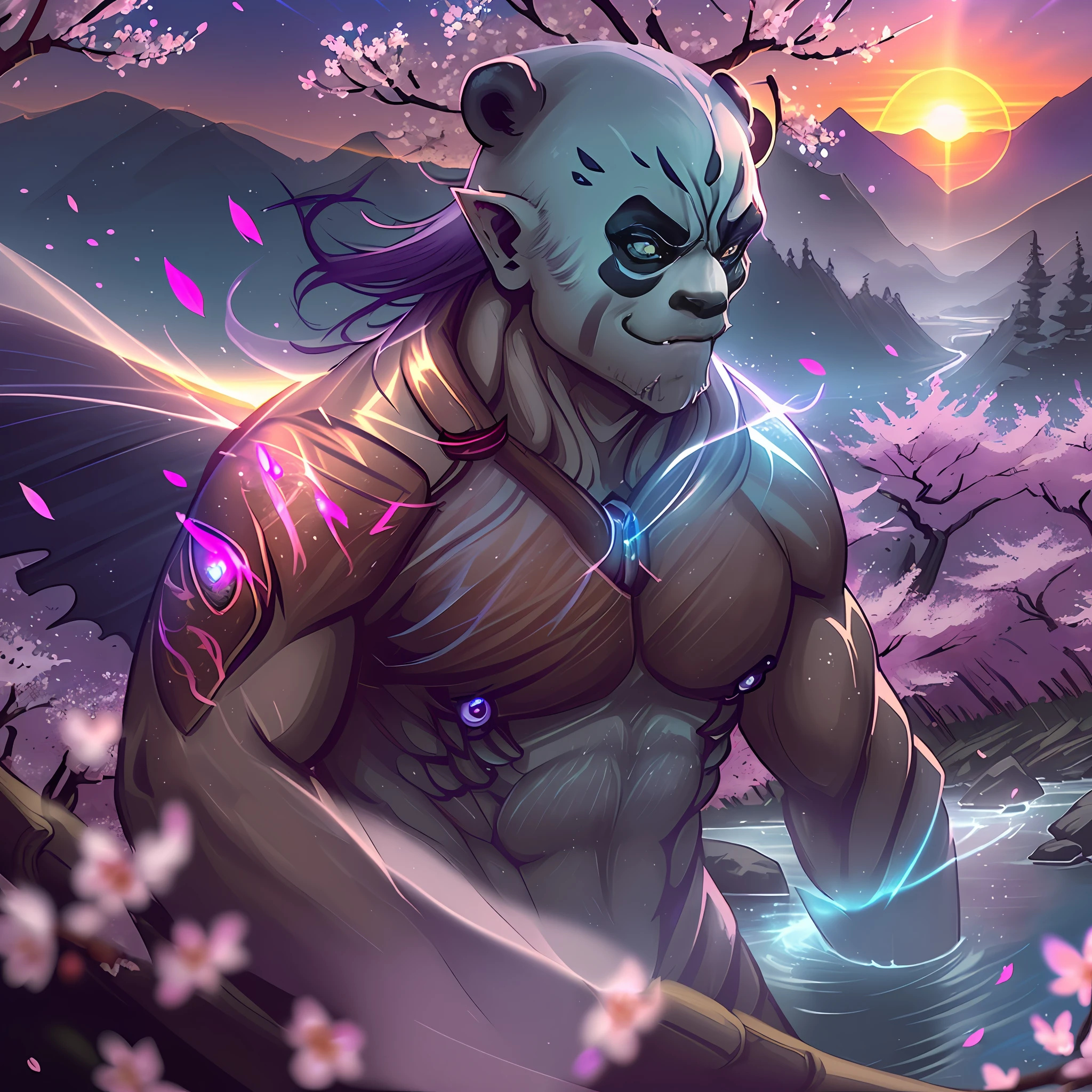 ((one brown skinned half-orc barabarian:Panda in the foreground)):Bright celestial bioluminescent aura, (extreme celestial:nature aura=1.6), shot in 4k, fisheye lens, ((bamboo forest, cherry blossoms falling in the background, a gentle wind, sunny day, river))=1.3, contented face:bemused, looking at viewer, masterpiece, vibrant lighting, ultrarealistic, beautiful eyes, age 27, cinematic lighting, (((demonic cherry blossoms falling in background))), (angle from side), (age 30 male), (celestial bioluminescent eyes), ((breath-taking sunset:purple))