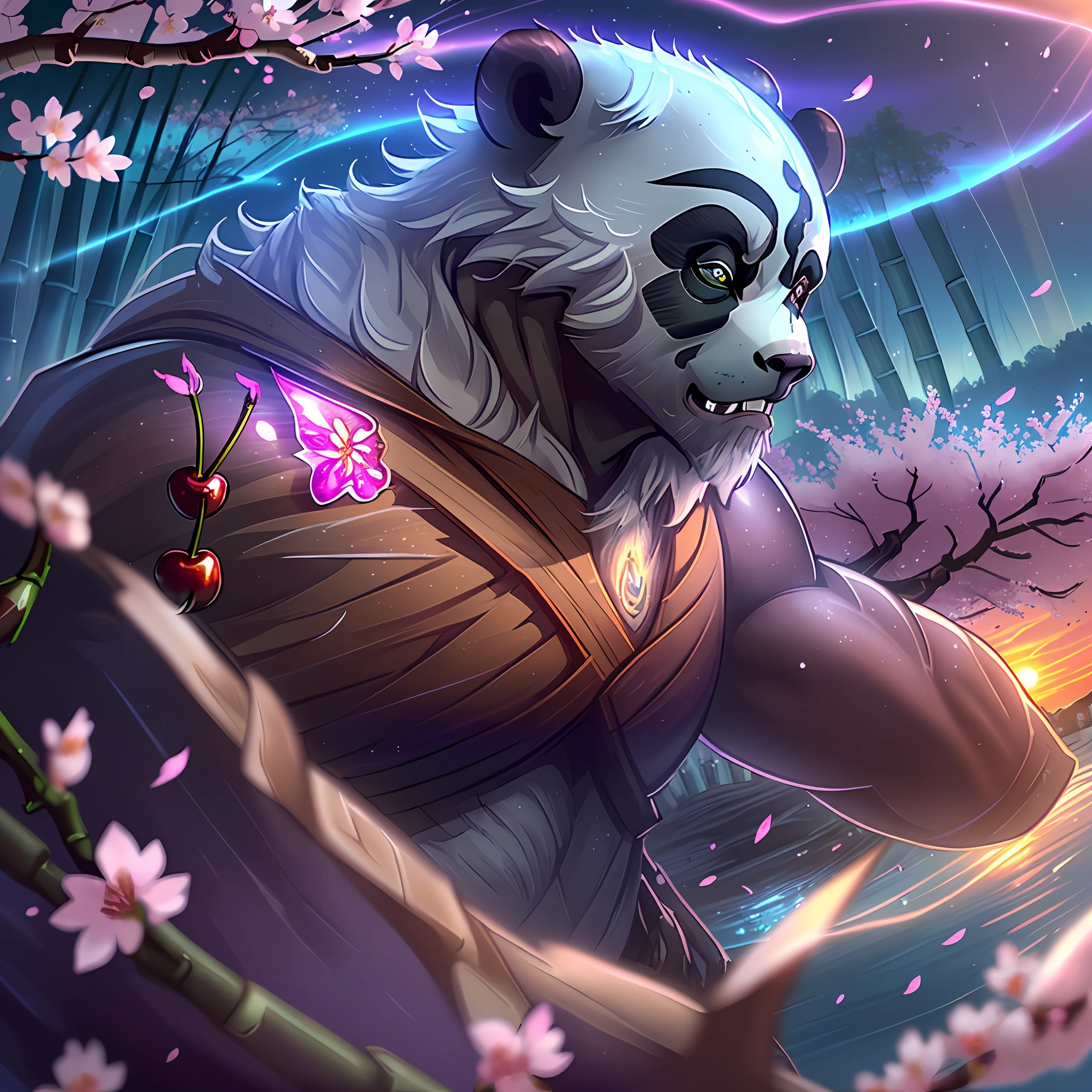 ((one brown skinned half-orc barabarian:Panda in the foreground)):Bright celestial bioluminescent aura, (extreme celestial:nature aura=1.6), shot in 4k, fisheye lens, ((bamboo forest, cherry blossoms falling in the background, a gentle wind, sunny day, river))=1.3, contented face:bemused, looking at viewer, masterpiece, vibrant lighting, ultrarealistic, beautiful eyes, age 27, cinematic lighting, (((demonic cherry blossoms falling in background))), (angle from side), (age 30 male), (celestial bioluminescent eyes), ((breath-taking sunset:purple))