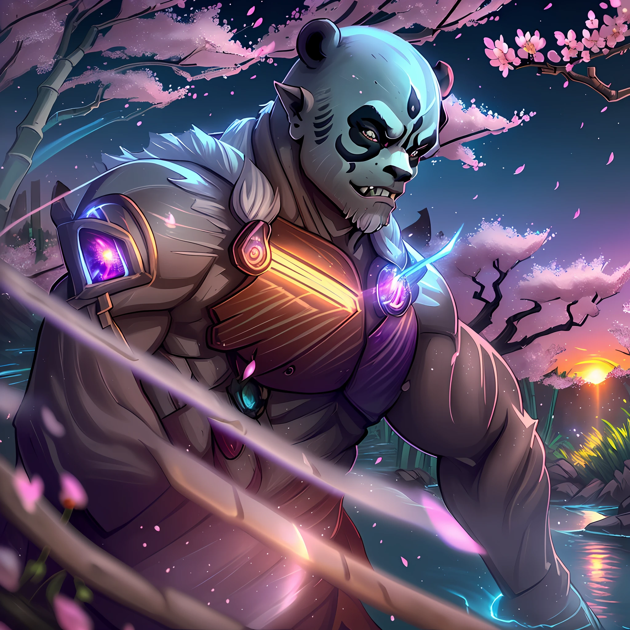 ((one brown skinned half-orc barabarian:Panda in the foreground)):Bright celestial bioluminescent aura, (extreme celestial:nature aura=1.6), shot in 4k, fisheye lens, ((bamboo forest, cherry blossoms falling in the background, a gentle wind, sunny day, river))=1.3, contented face:bemused, looking at viewer, masterpiece, vibrant lighting, ultrarealistic, beautiful eyes, age 27, cinematic lighting, (((demonic cherry blossoms falling in background))), (angle from side), (age 30 male), (celestial bioluminescent eyes), ((breath-taking sunset:purple))