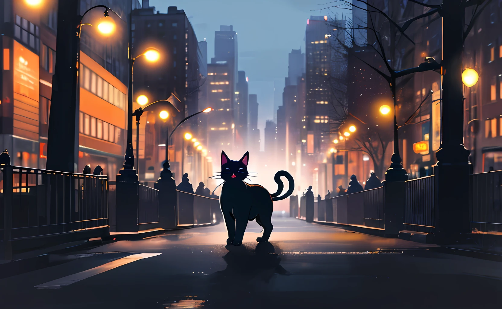 a cat walking in New York City at dawn,Central Park, dark background, night, loneliness, hyper realistic, high quality, 8k definition