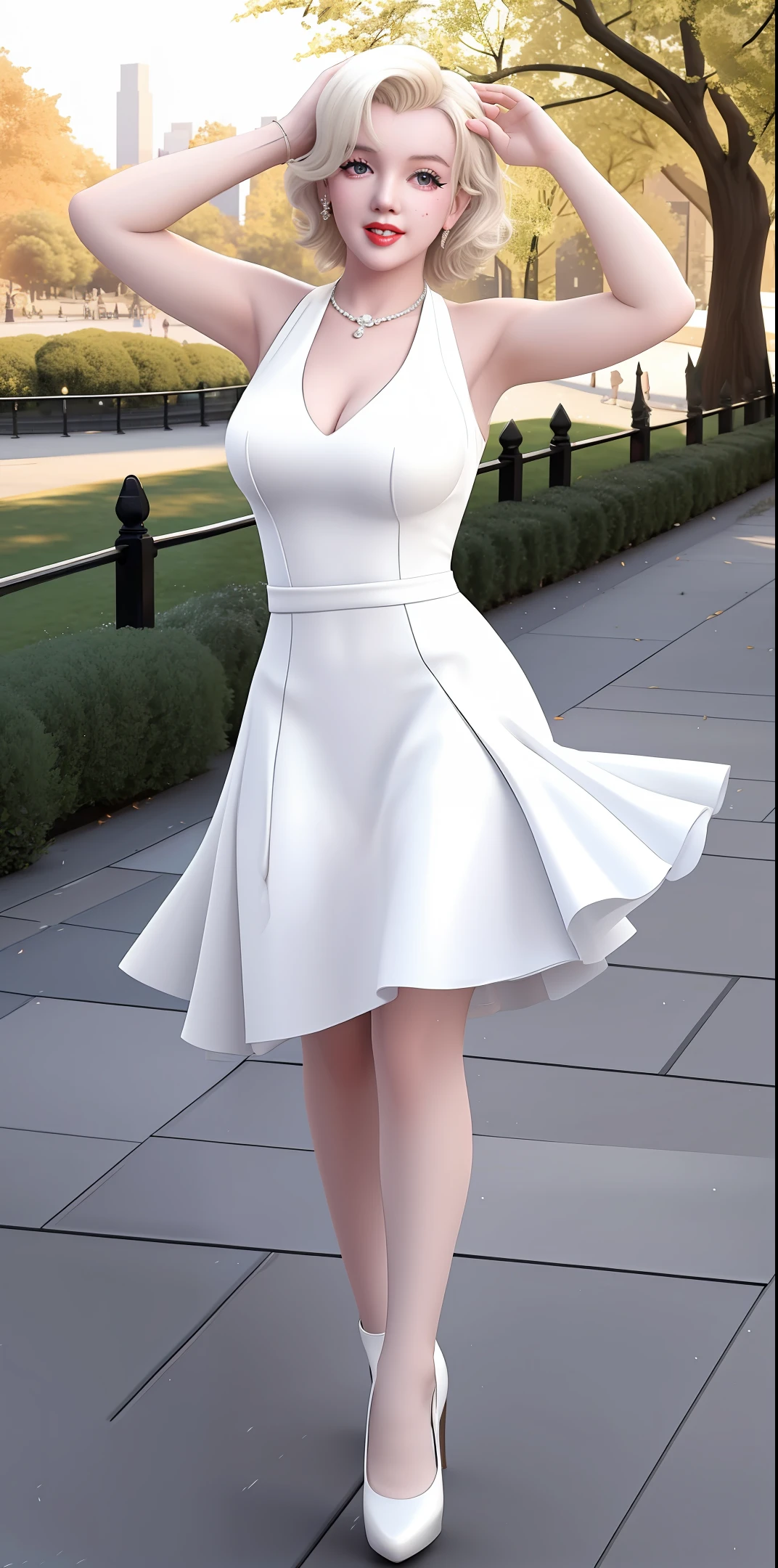 Marilyn Monroe, in white dress, walking in New York City, at dawn, in Central Park, white and black background, sunny dawn, solitude, hyper realistic, high quality, 8k definition, cinema footage.