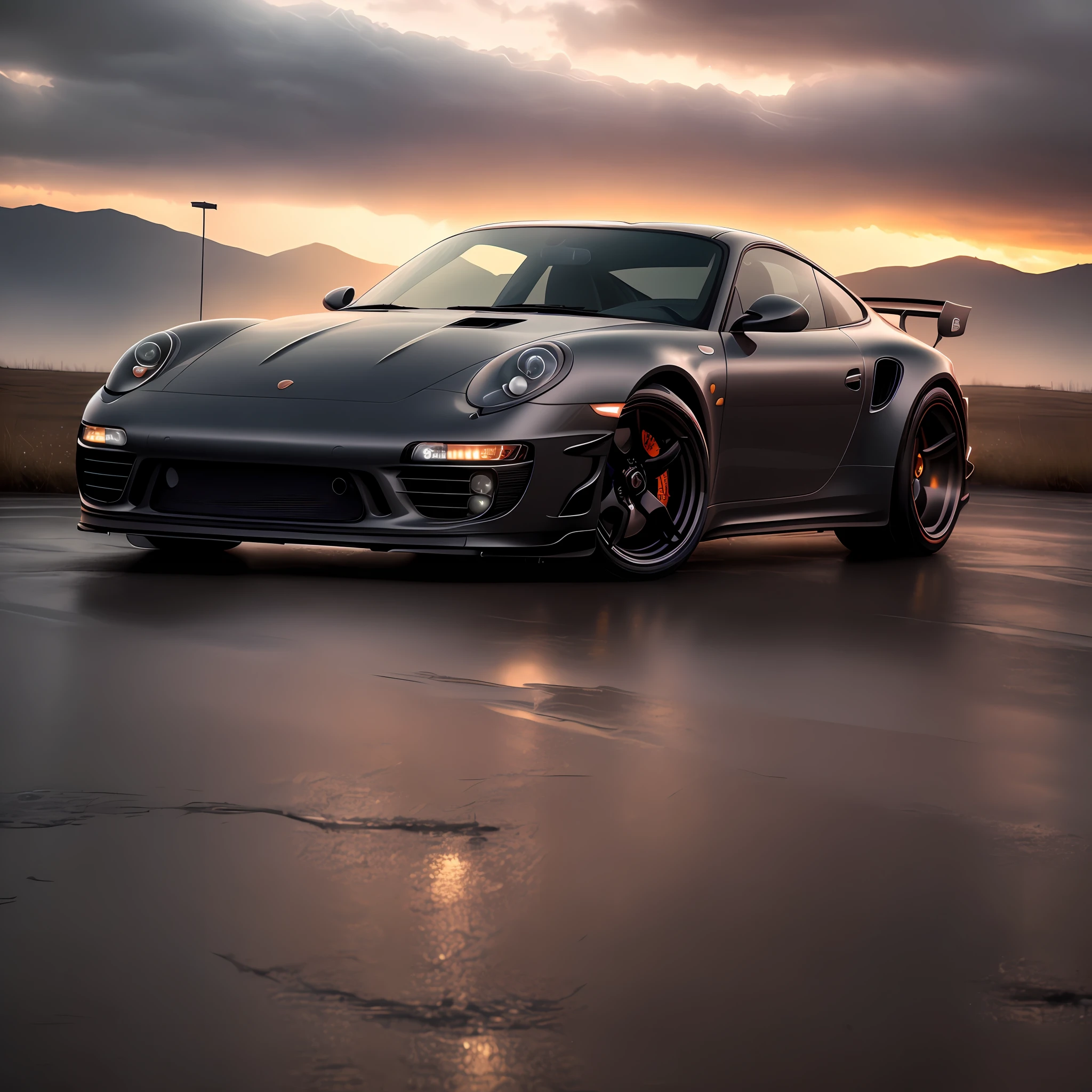 photo 8k dark and gloomy, car porsch 911, sunset, detailed face, detailed, (vibrant, realistic photo, realistic, dramatic, dark, sharp focus, 8k), wet floor, reflection, rain, lightning, LED headlight, light on