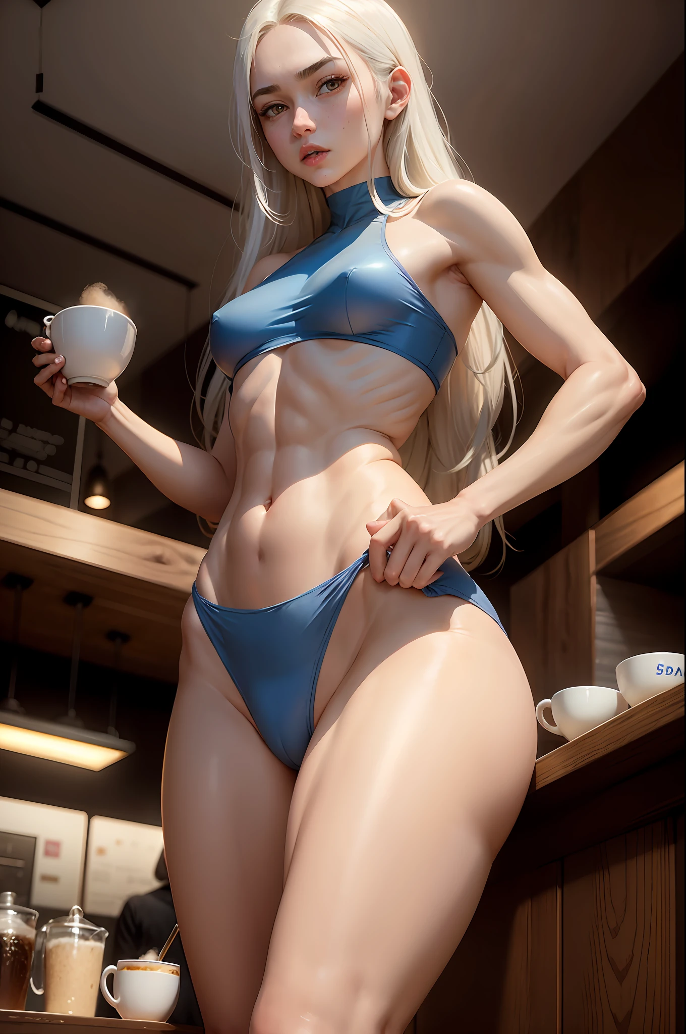 1girl, white skin, mature, yellow very long hair, thick eyebrows, blue eyes, mole under the eyes, thirsty, translucent underwear, well-built, small waist, widest hips, wide gap between thighs, one hip forward, standing, in a coffee shop, shot from below, 8k, photorealistic