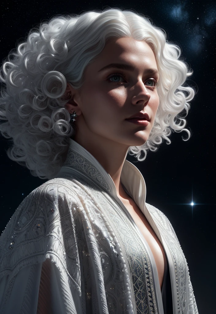 (dark and dark dramatic atmosphere)+ 8k air portrait, Norwegian woman with curly hair, platinum white hair dissolving into bright stars, in modern clothes, white clothes, intricate, highly detailed, digital painting, smooth, sharp focus, illustration, unreal engine 5, 8 k, art by Artgerm and Greg Rutkowski and Alphonse Mucha