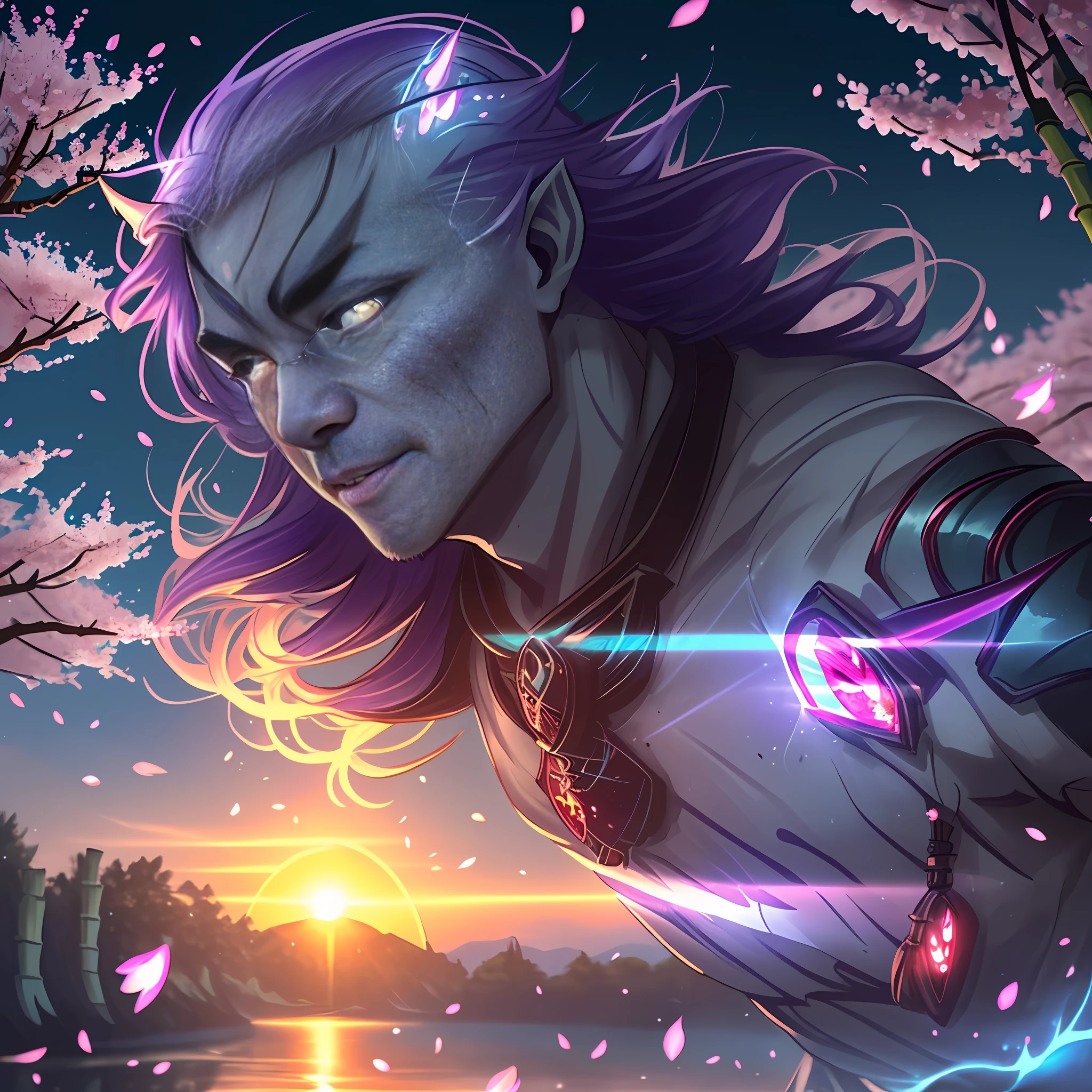 A half-orc male transformed into a werepanda wearing ancient ninja armor glowing with a celestial bioluminescent aura in a field of cherry blossoms, demonic cherry blossoms falling in the background, sunset, (extreme celestial:nature aura=1.6), shot in 4k, fisheye lens, ((bamboo forest, cherry blossoms falling in the background, a gentle wind, sunny day, river))=1.3, contented face:bemused, looking at viewer, masterpiece, vibrant lighting, ultrarealistic, beautiful eyes, age 27, cinematic lighting, (((demonic cherry blossoms falling in background))), (angle from side), (age 30 male), (celestial bioluminescent eyes), ((breath-taking sunset:purple)), (brown skin=1.8)