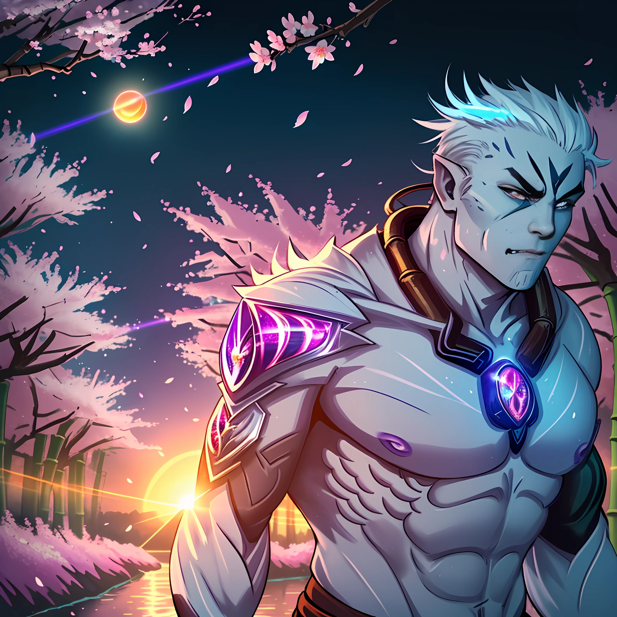 A half-orc male transformed into a werepanda wearing ancient ninja armor glowing with a celestial bioluminescent aura in a field of cherry blossoms, demonic cherry blossoms falling in the background, sunset, (extreme celestial:nature aura=1.6), shot in 4k, fisheye lens, ((bamboo forest, cherry blossoms falling in the background, a gentle wind, sunny day, river))=1.3, contented face:bemused, looking at viewer, masterpiece, vibrant lighting, ultrarealistic, beautiful eyes, age 27, cinematic lighting, (((demonic cherry blossoms falling in background))), (angle from side), (age 30 male), (celestial bioluminescent eyes), ((breath-taking sunset:purple)), (brown skin=1.8)