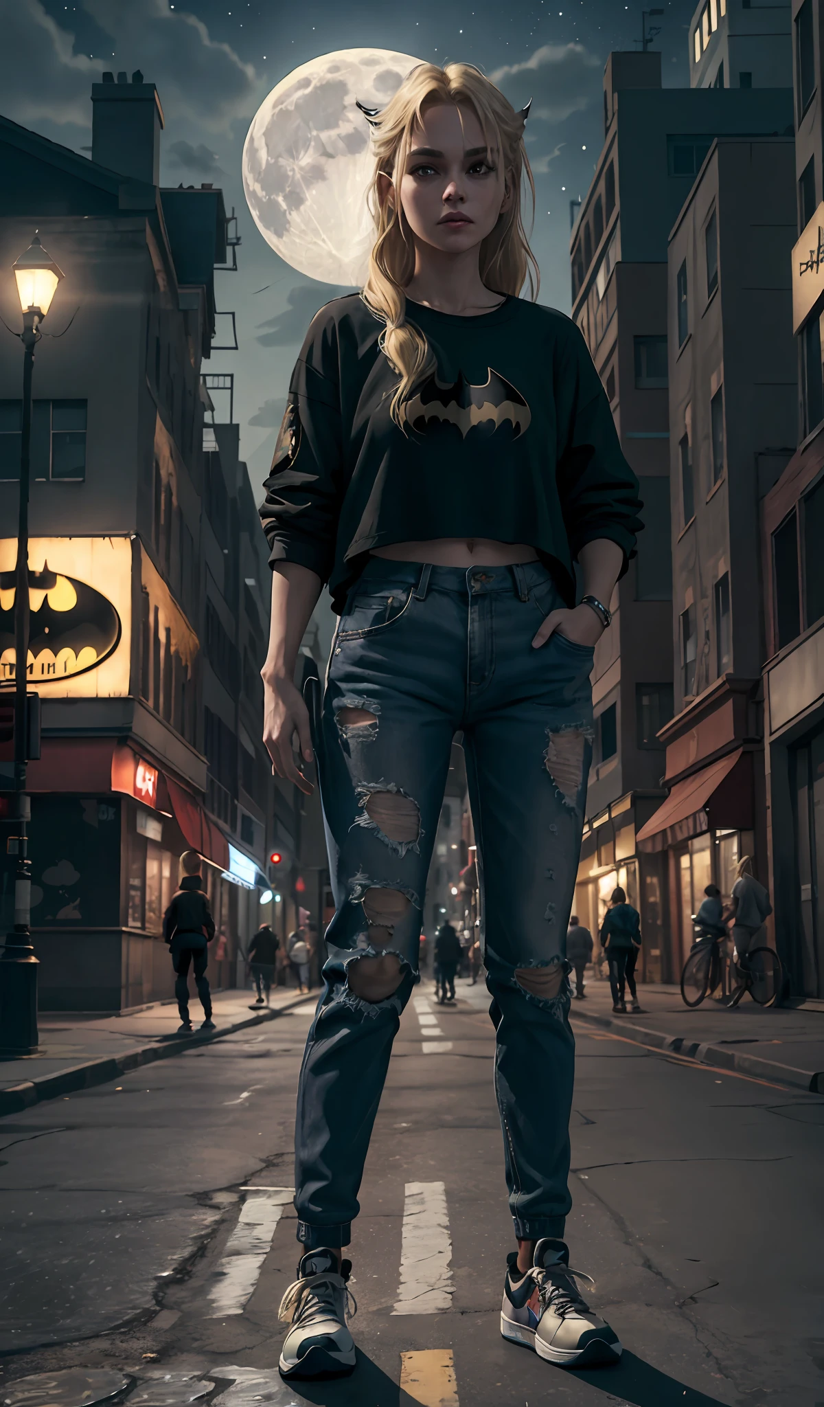 4k, realistic, carismatic, very detail, there is a girl standing, wearing torn batman shirt, wearing pants, wering air jordan 1 shoes, street theme, full moon behind her, blonde hair, 25 years old, full body