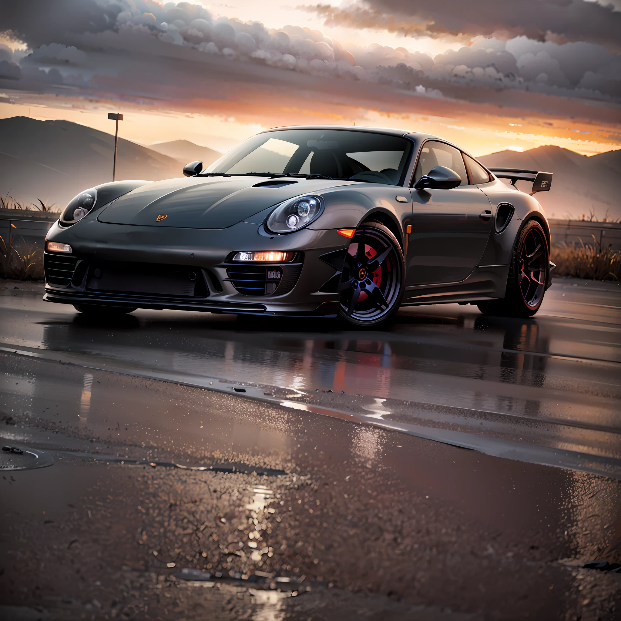 arafed porsche sports car parked on a wet road at sunset, automotive photography, vehicle photography, car photography, porsche, porsche 911, porsche 9 1 1, auto photography, porsche rsr, wide body, marc adamus, porche, black car, by Anthony Devas, gunmetal grey, motorsports photography, low sunset, sportscar, car shot