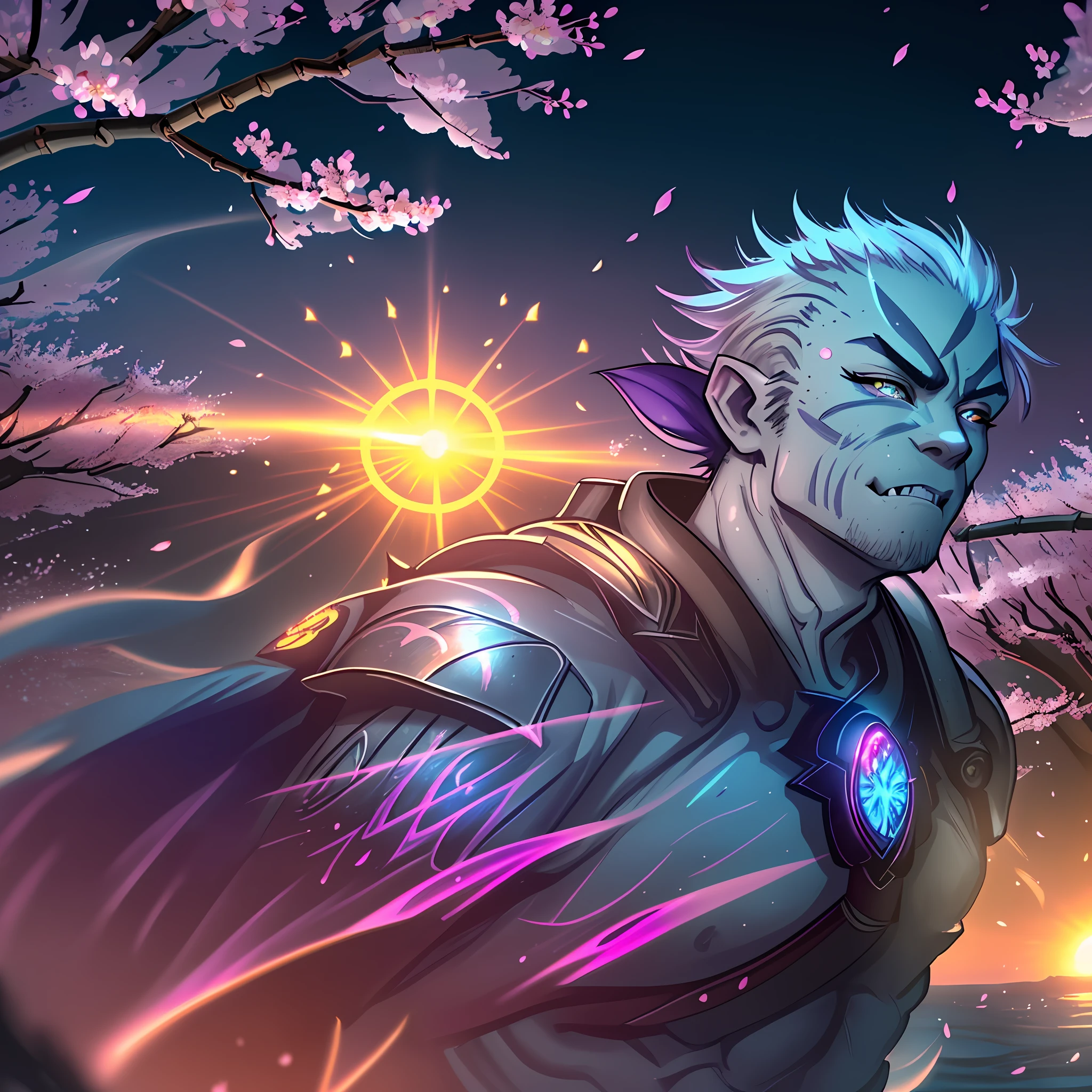 A half-orc male transformed into a werepanda wearing ancient ninja armor glowing with a celestial bioluminescent aura, celestial:bioluminescent cherry blossoms falling in the background, (extreme celestial:nature aura=1.6), shot in 4k, ((bamboo forest, cherry blossoms falling in the background, a gentle wind, sunny day, river))=1.3, contented face:bemused, looking at viewer, masterpiece, vibrant lighting, ultrarealistic, beautiful eyes, age 27, cinematic lighting, (((demonic cherry blossoms falling in background))), (best angle), (age 30 male), (celestial bioluminescent eyes), ((breath-taking sunset:purple)), brown skin=1.8