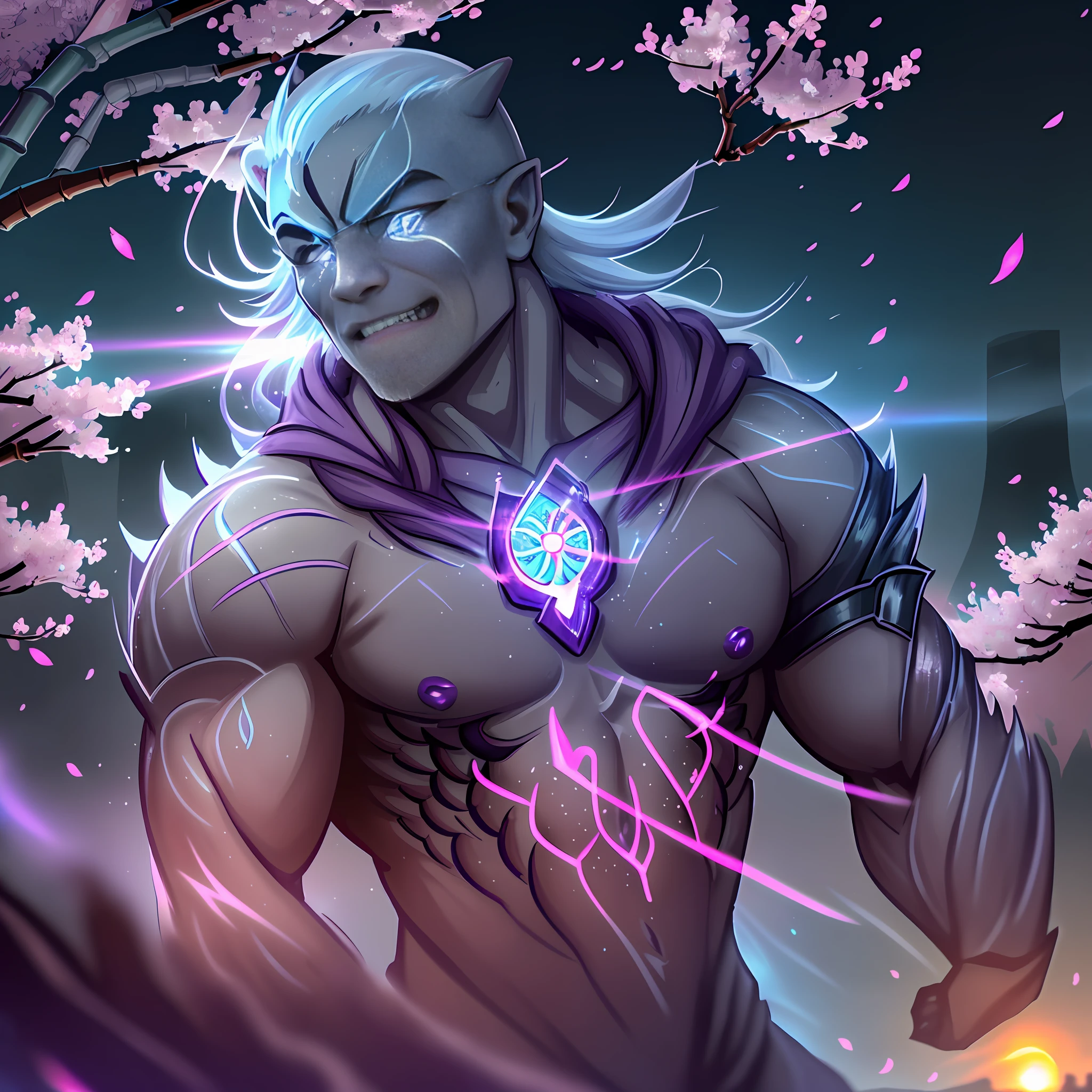 A half-orc male transformed into a werepanda wearing ancient ninja armor glowing with a celestial bioluminescent aura, celestial:bioluminescent cherry blossoms falling in the background, (extreme celestial:nature aura=1.6), shot in 4k, ((bamboo forest, cherry blossoms falling in the background, a gentle wind, sunny day, river))=1.3, contented face:bemused, looking at viewer, masterpiece, vibrant lighting, ultrarealistic, beautiful eyes, age 27, cinematic lighting, (((demonic cherry blossoms falling in background))), (best angle), (age 30 male), (celestial bioluminescent eyes), ((breath-taking sunset:purple)), brown skin=1.8