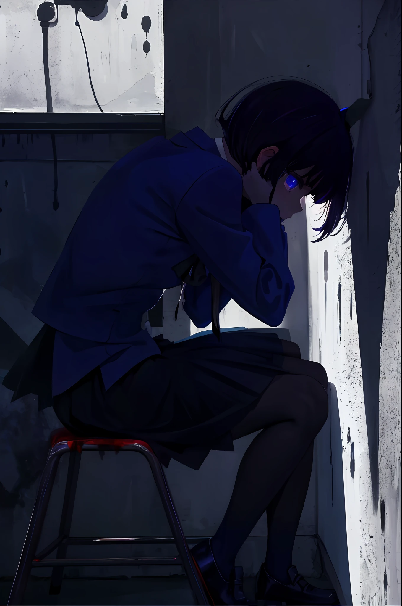 1girl, solo, thoughtful, thinking, heaviness, hard choice, abstraction, emotions, torment, guilt, closer view, looking at viewer, blood, knife,pupils, ((blue and black colors)), ((blue and black palette)), (((noir))), (((noir style)), sitting, crying in corner, sad face, corner of wall background, crying, wearing school uniform, reaching out, reading script