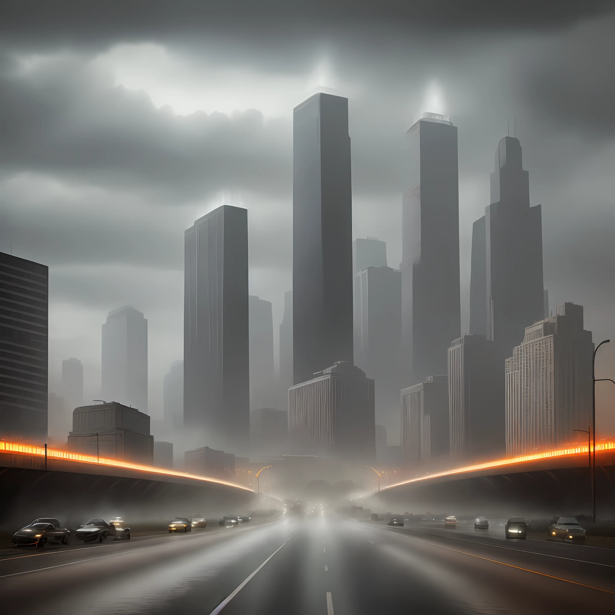 Landscape of a city art décor, bauhaus style, soviet art, steam wave, raining, communist monuments, highway with a motorcycle, realistic texture, dramatic lighting, urban environment, skyscrapers, gothic