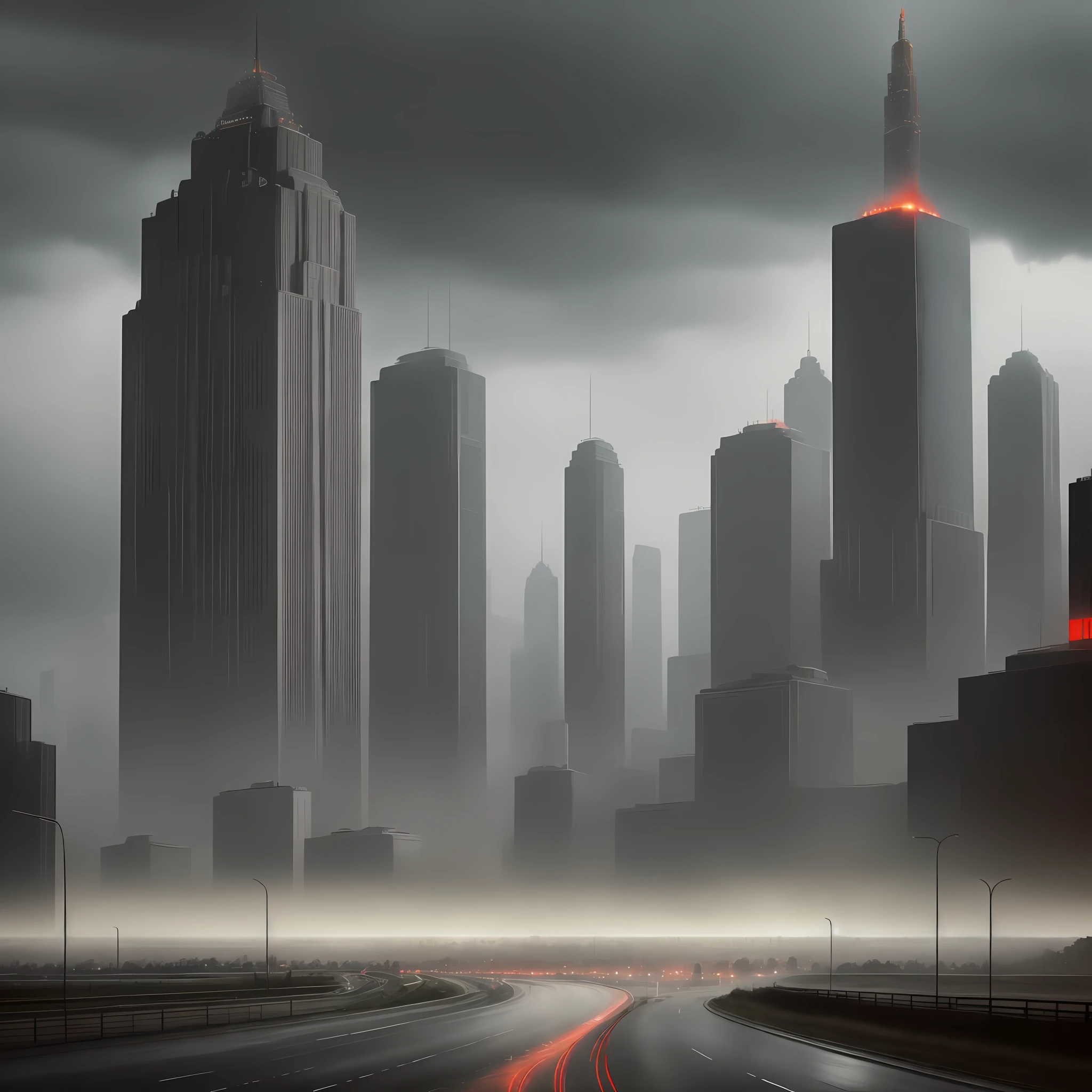 Landscape of a city art décor, bauhaus style, soviet art, steam wave, raining, communist monuments, highway with a motorcycle, realistic texture, dramatic lighting, urban environment, skyscrapers, gothic