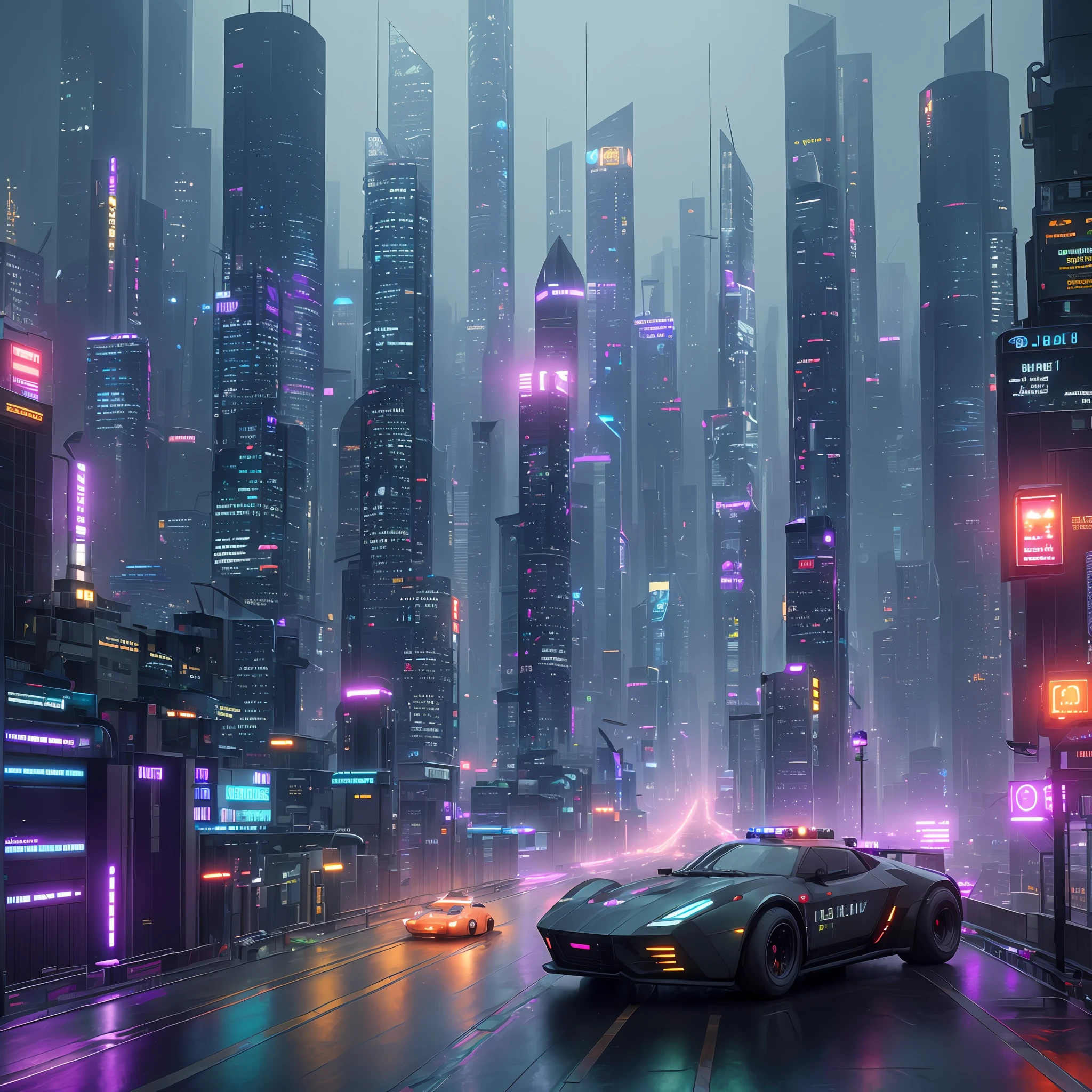 A city of the future, many skyscrapers, blade runner style, hyper-realistic, octane render, realistic, street with cars, rain, a police woman android, cinematic, 8k, very intricate, 80s, night, orange and violet neons