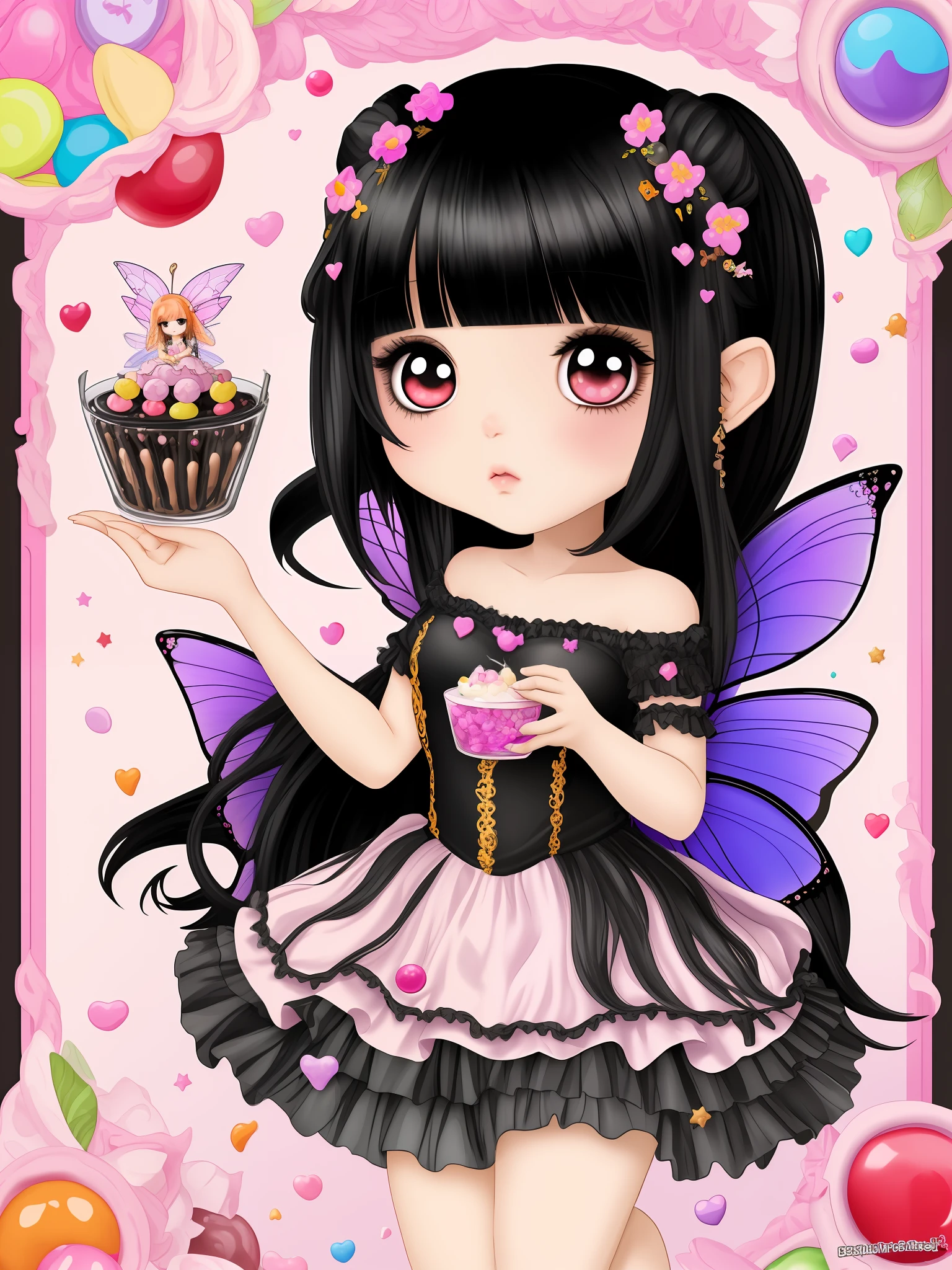 create a beautiful fairy with black hair and surrounded by sweets, chibi style, sticker