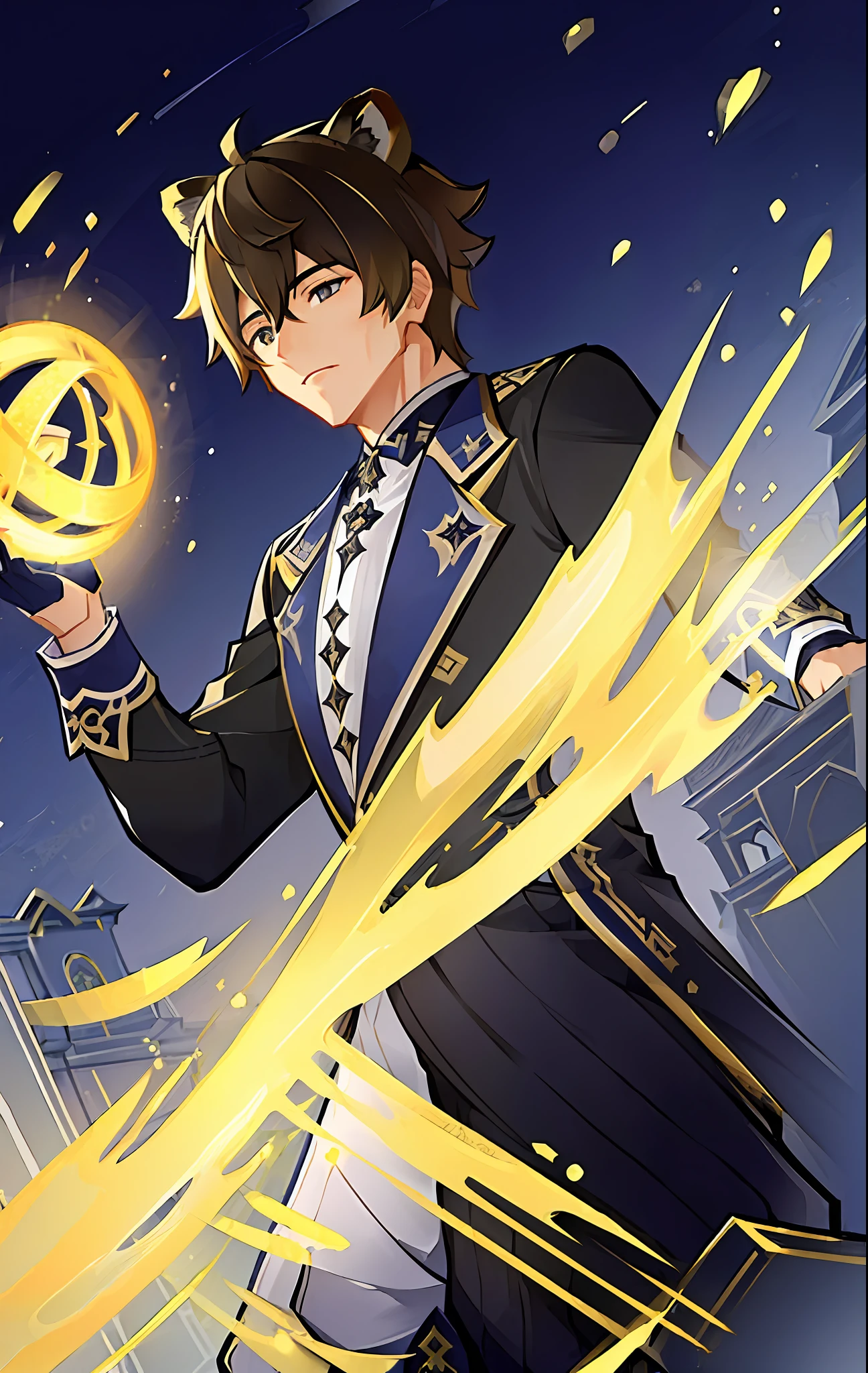 (((Masterpiece))), best quality, dark blue Zhongli(male, athletic) from Genshin Impact, with lion ears, dynamic pose, detailed clothing, (determined expression|calm), dramatic black stone pillars background.
