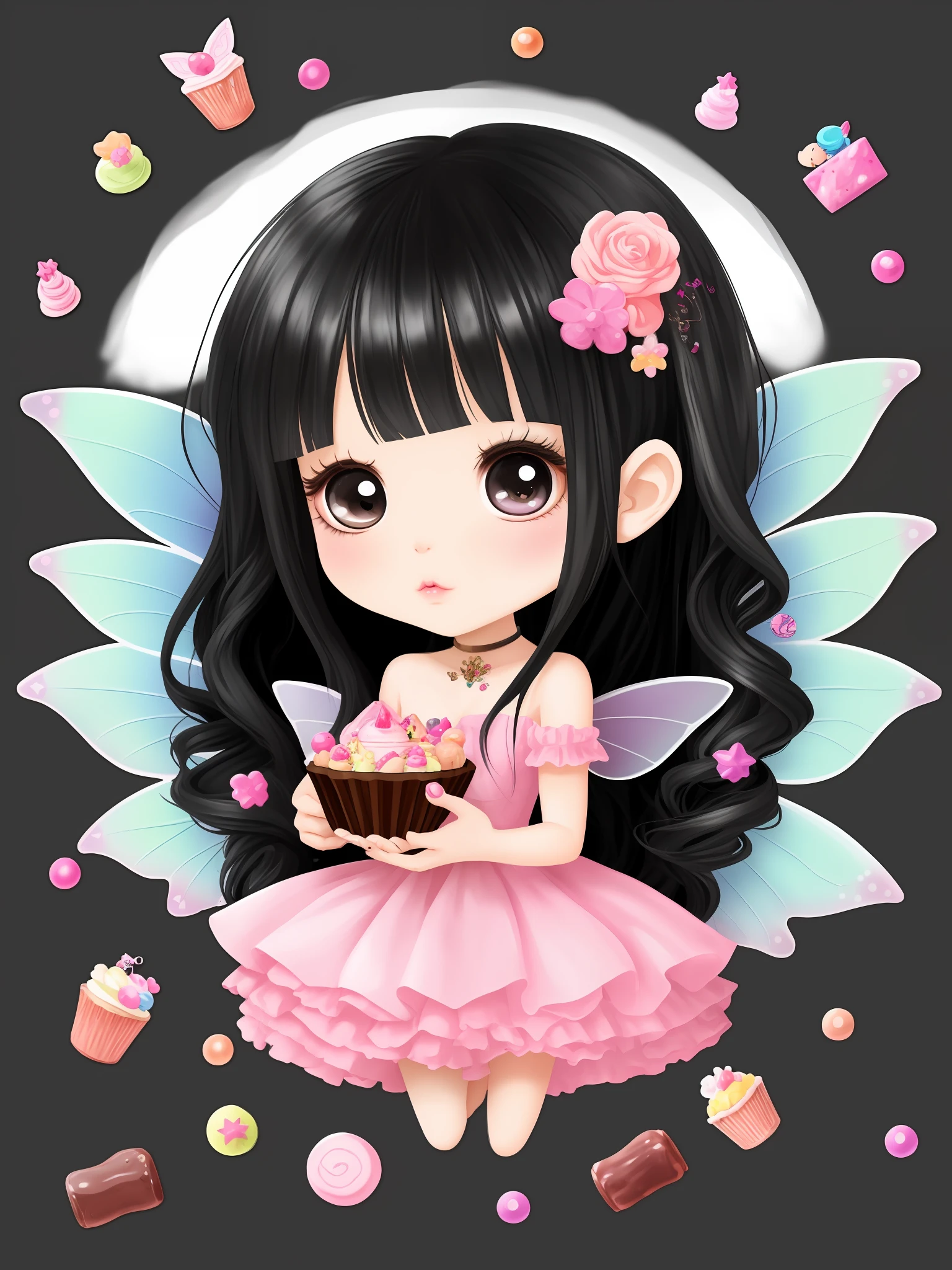 create a beautiful fairy with black hair and surrounded by sweets, chibi style, sticker