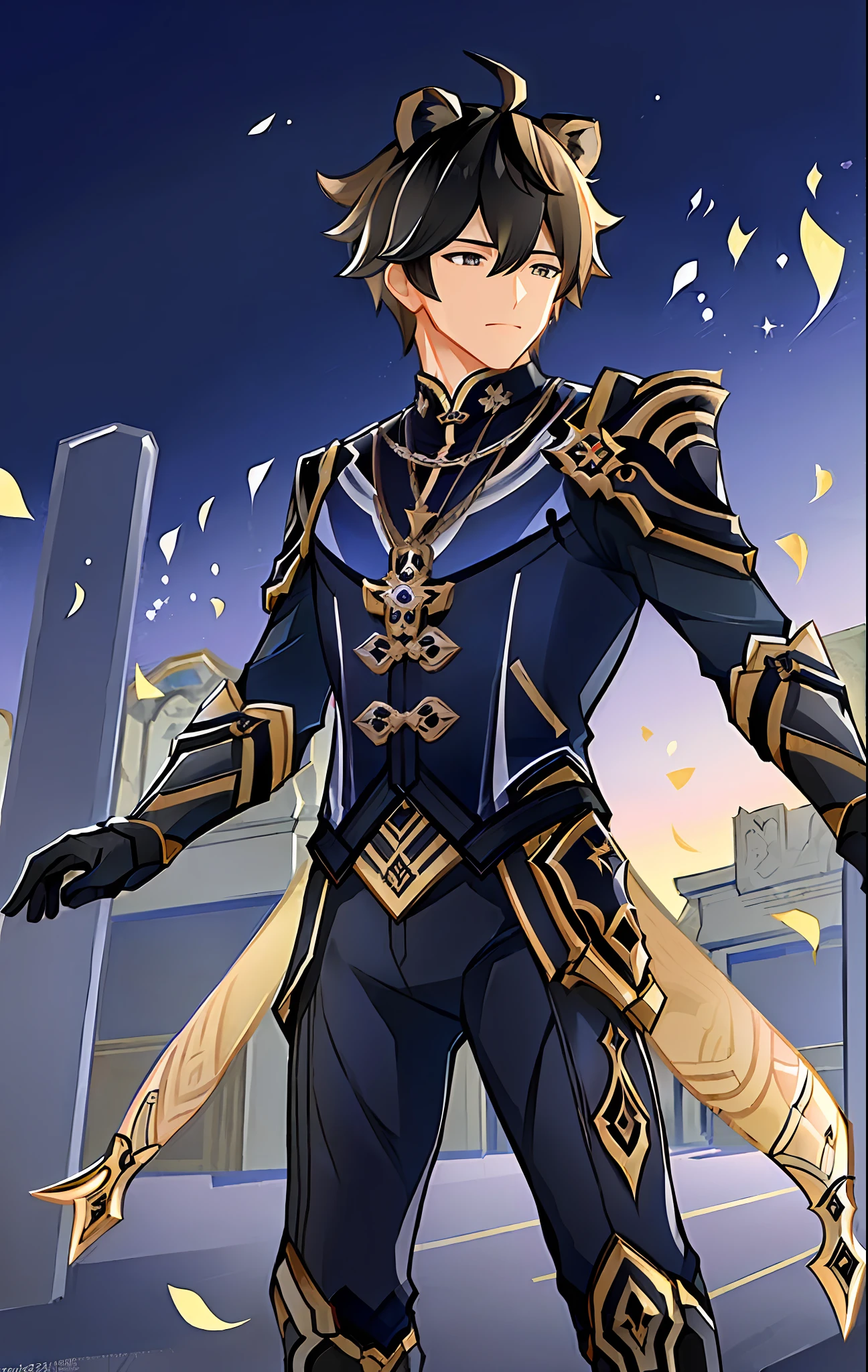 "(((Masterpiece))), best quality, ultra-detailed, dark blue Zhongli (male, athletic) from Genshin Impact, with lion ears, intricately detailed clothing, emanating calmness, standing against dramatic black stone pillars background."