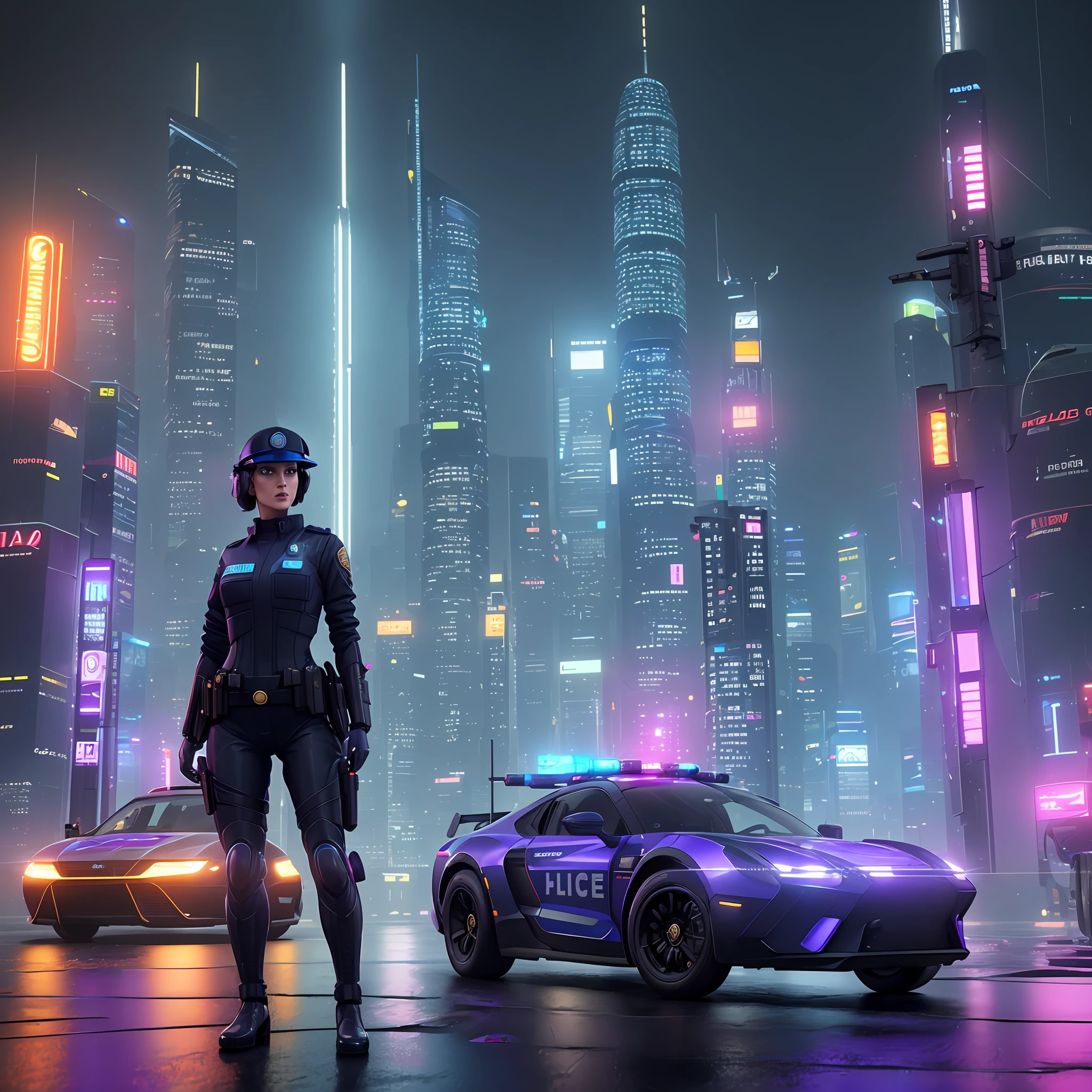 A police woman android, in the foreground, a city of the future, many skyscrapers, blade runner style, hyper-realistic, octane render, realistic, street with cars, rain, cinematic, 8k, very intricate, 80s, night, drones, neons orange and violet