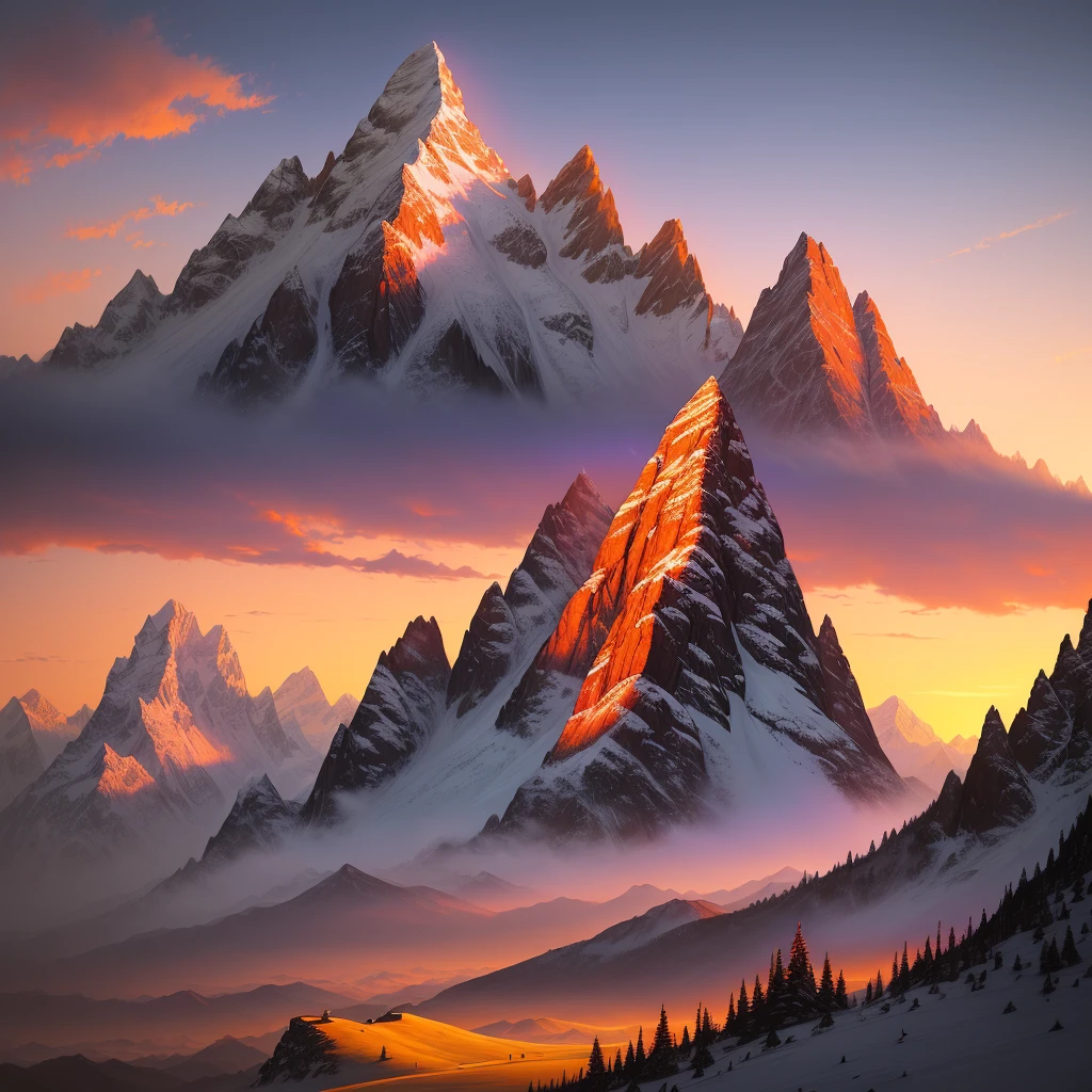 a painting of a mountain scene with a sunset, an airbrush painting by David A Hardy, shutterstock contest winner, fantasy art, detailed painting, vivid colors, matte painting